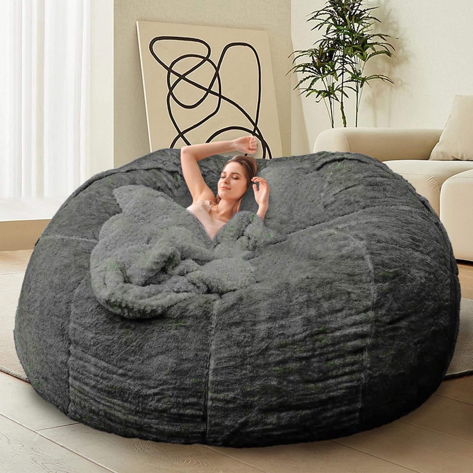 7FT Giant Round Bean Bag Chair for Adults & Kids - Fluffy Comfy Lazy Sofa Cover Without Filling - Dark Grey Floor Reading Chair for Living Room, Bedroom & Game Room
