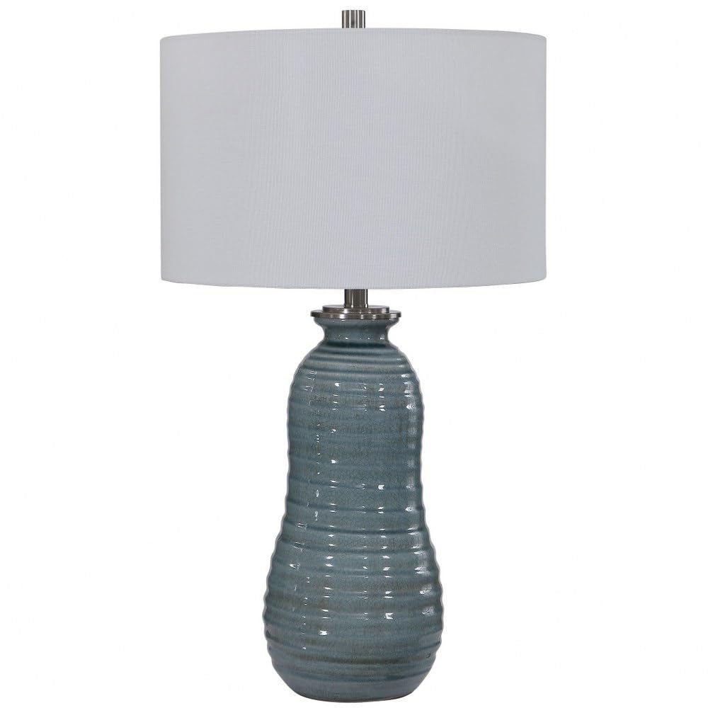 Tall Ribbed 1-Light Light Blue Ceramic Table Lamp with White Linen Drum Shade - 3-Way Switch for Bedroom, Living Room, or Office Decor