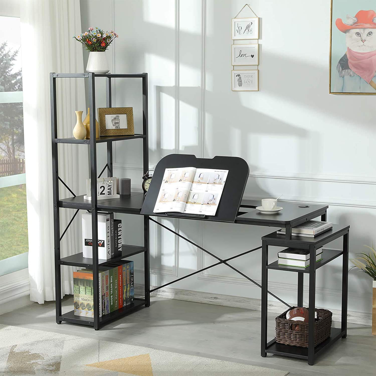 Ergonomic Computer Desk with 5-Tier Shelves - Adjustable Tilt Tabletop Home Office Workstation, Study Desk for Writing & Drawing - Perfect for Small Spaces, Gaming & Remote Work (Brown, One Size)