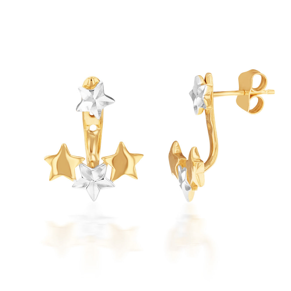 9ct Yellow and White Gold Two-Tone Star Earjacket Earrings for Women - Elegant Stud Back Earrings for Parties, Weddings, and Everyday Wear