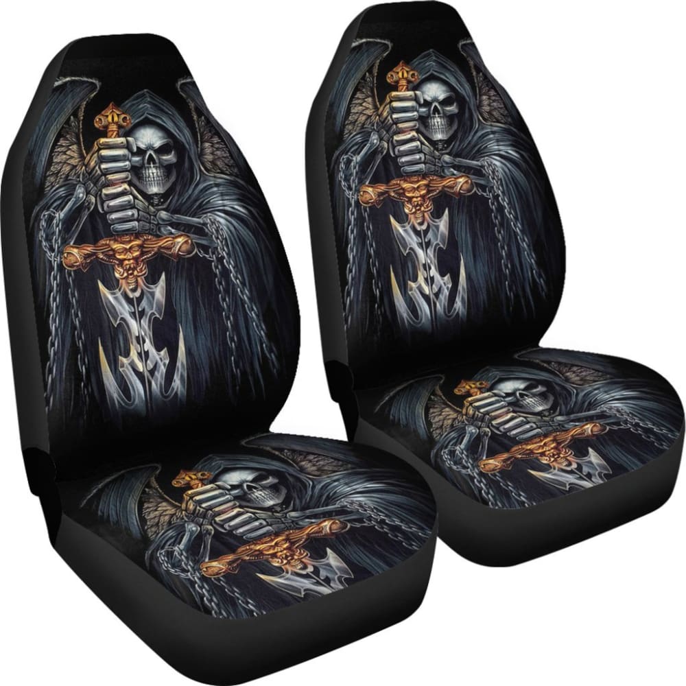 2 Pcs Gothic Skull Car Seat Covers - Universal Fit for Cars, Trucks & SUVs - Black Skull Pattern Design - Perfect for Halloween, Gothic Style & Car Enthusiasts