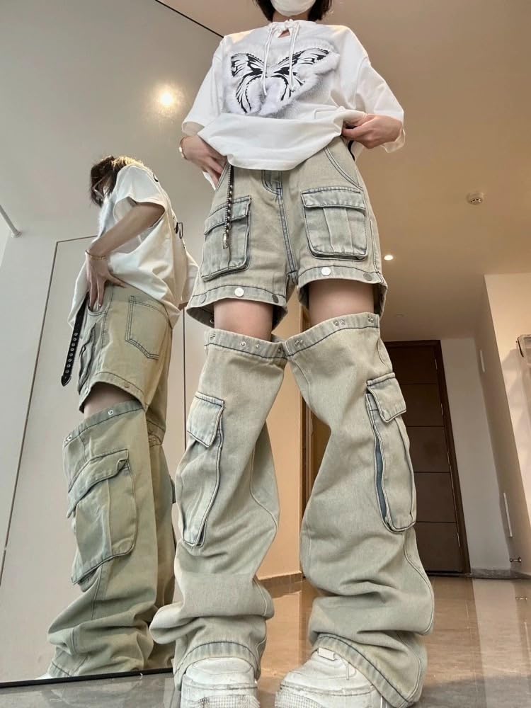 Vintage High Waisted Cargo Jeans for Women - Multi Pocket Detachable Button Goth Wide Leg Denim Pants | Streetwear, Casual Outfits & Retro Fashion