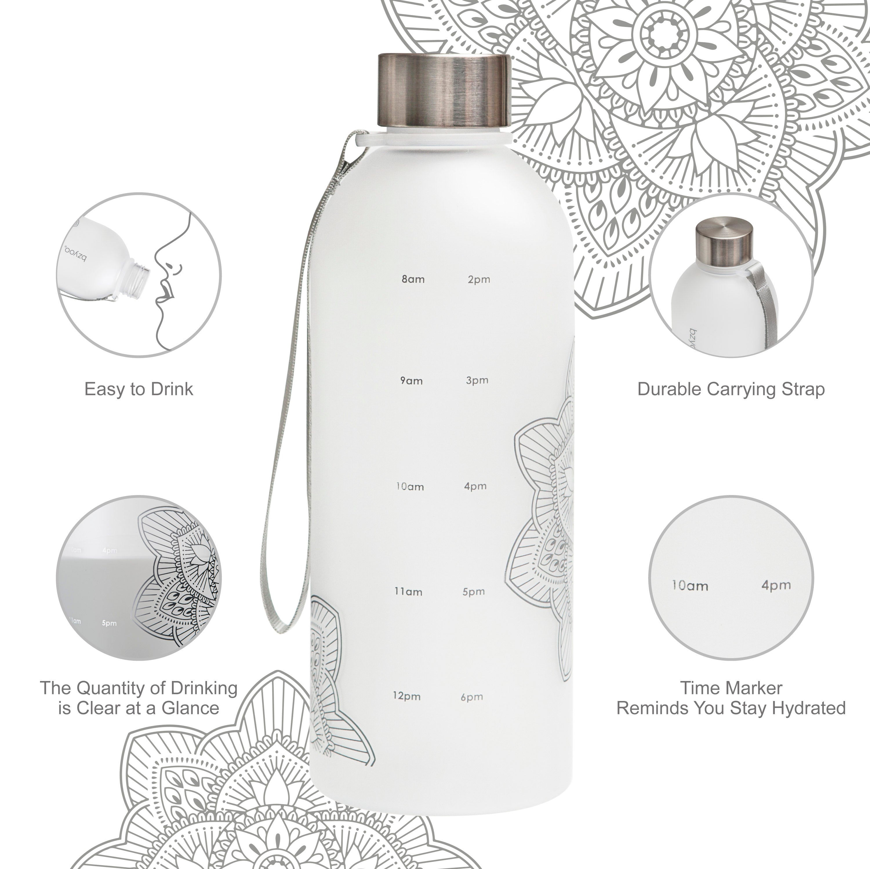32oz La La Mandala Time Marker Tritan Water Bottle with Carrying Strap - BPA Free, Leak Proof, Motivational Water Tracking - Perfect for Gym, Yoga, Hiking & Daily Hydration (Silver)