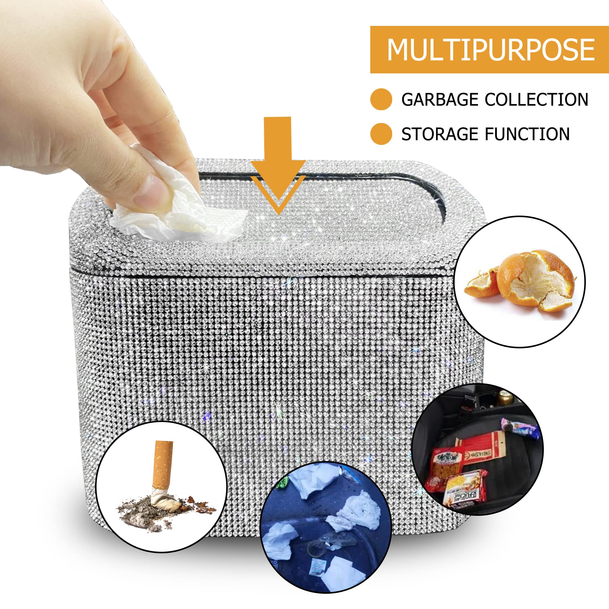 Luxury Car Trash Can with Lid - Hanging Leakproof Car Garbage Bin, Shiny Rhinestone Storage Organizer for Vehicle, Home & Office - Perfect for Road Trips, Daily Commute & Workspace Organization