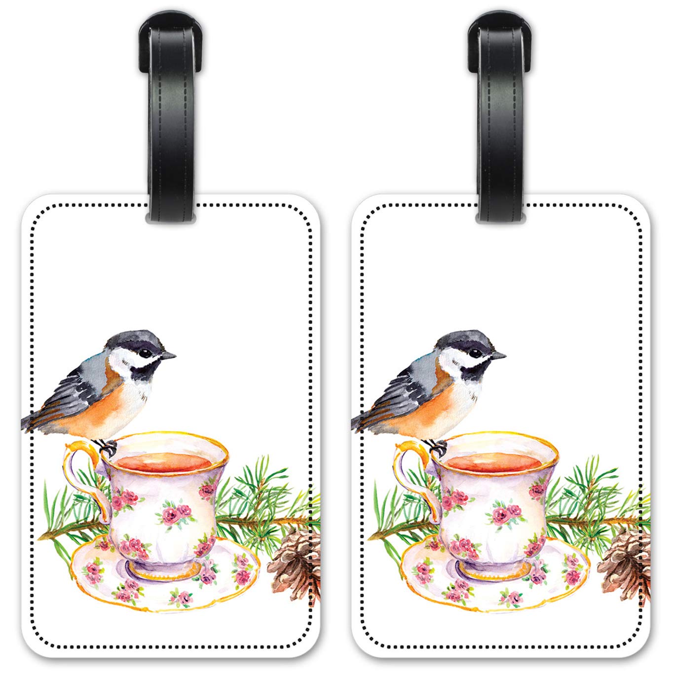 Bird at Tea Time Luggage ID Tags - Set of 2 Personalized Suitcase Identification Cards for Travel - Perfect for Airports, Cruises & Business Trips