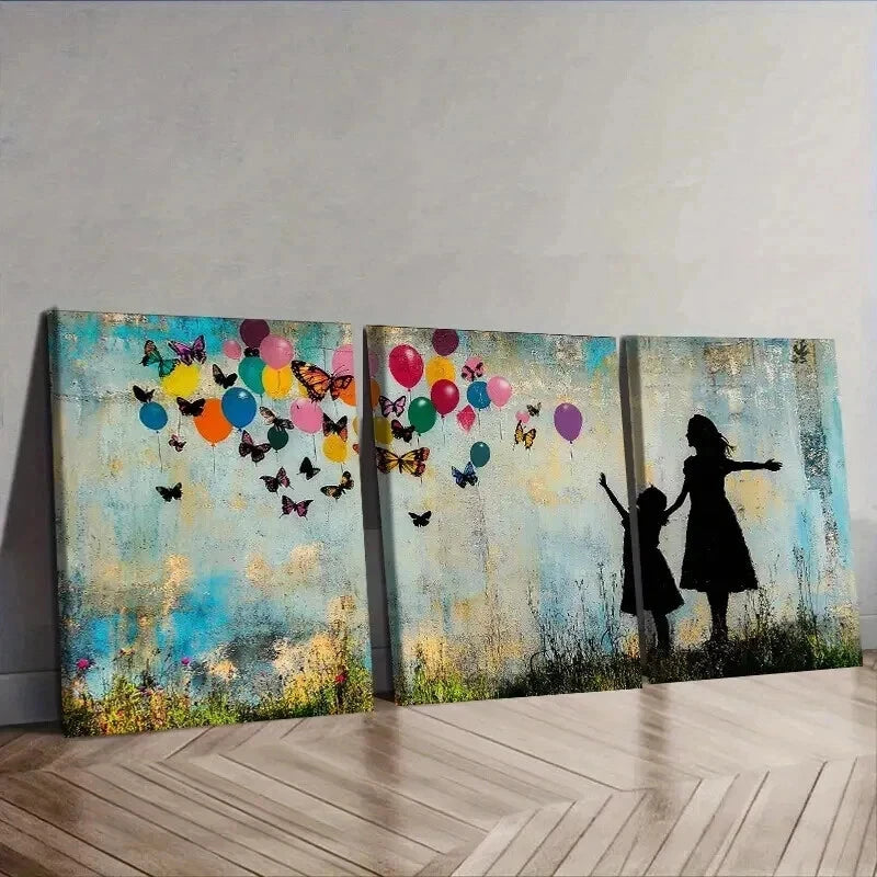 3-Piece Little Girl and Butterfly Balloon Wall Art Set - Framed Canvas 50x70cm - High Quality Print - 100% Australian Made - Ready to Hang - Perfect for Nursery, Kids Room Decor & Birthday Party Wall Decor