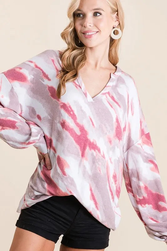 Bibi Tie Dye French Terry Top With Balloon Sleeves - Mauve Multi Color Women's Casual Shirt | Perfect for Beach Outfits, Music Festivals & Boho Fashion