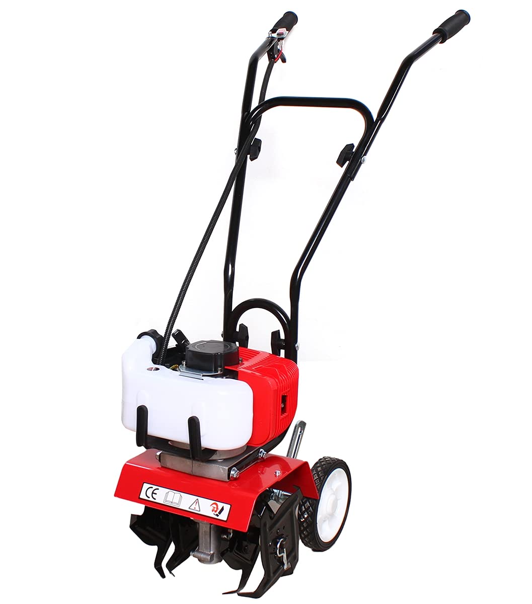 52CC 2-Stroke Gas Powered Mini Tiller Cultivator with Wheels & 4 Blades - 2HP Red Rototiller for Garden, Lawn, Digging, Weed Removal & Soil Cultivation - Perfect for Home Gardening, Landscaping & Small Farm Use