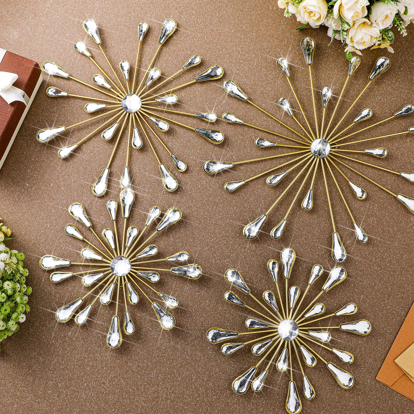 Hicarer 4-Piece Starburst Wall Decor Set - Crystal Teardrop 3D Hanging Rhinestone Radial Metal Artwork, Modern Gold Accent Sculptures for Living Room, Home Office, Bedroom - Perfect for Home Decor, Wedding, Party & Gift Giving