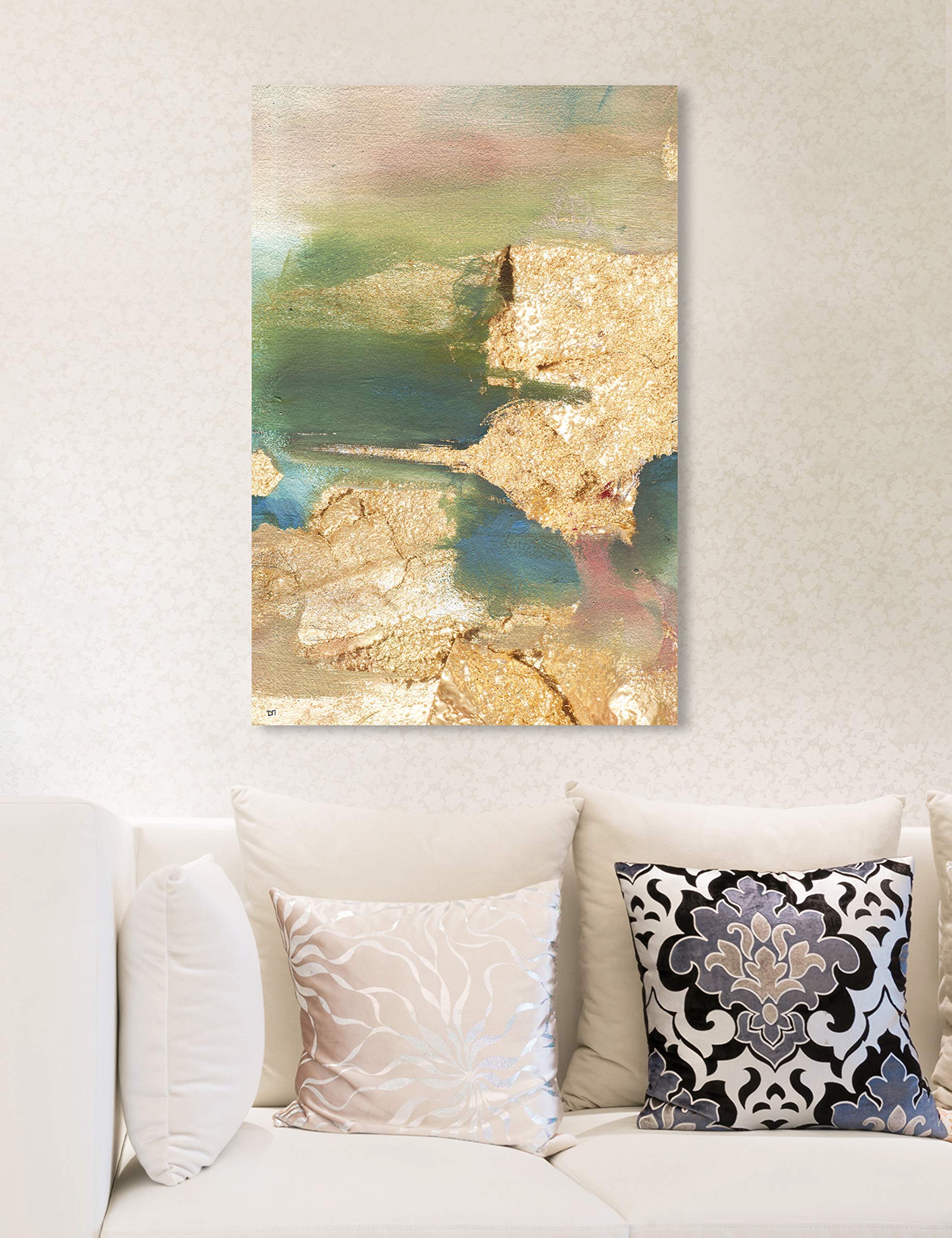 Blue Lagoons Abstract Wall Art Canvas Print - 16x24 Inch Modern Home Decor in Gold & Green | Perfect for Living Room, Bedroom & Office Decor