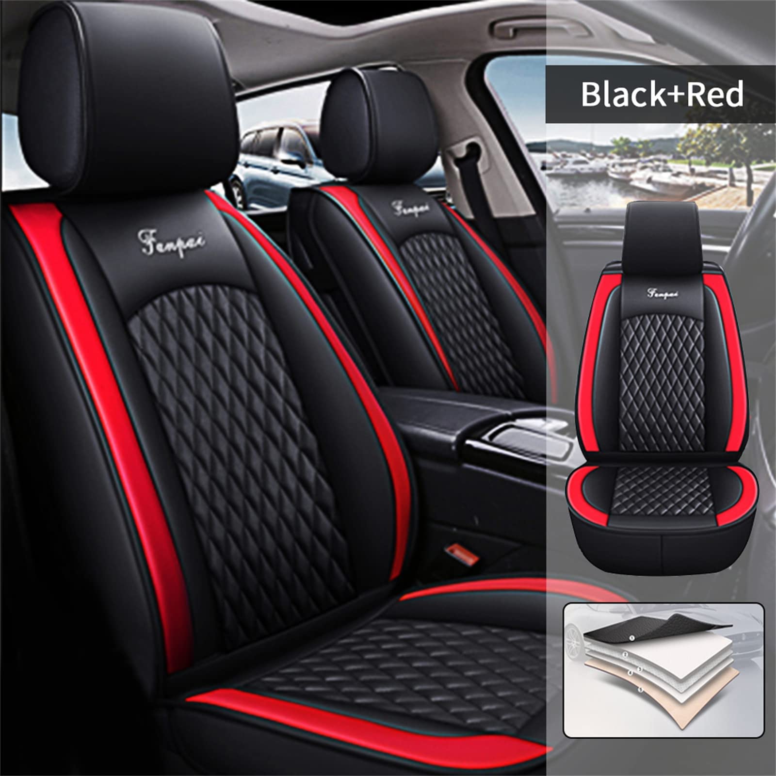 Waterproof Leather Car Seat Cover Full Set for Subaru Forester 2000-2019 - Front & Rear Seat Protector Cushions (Black Red) | Perfect for Road Trips, Daily Commuting & Pet Protection