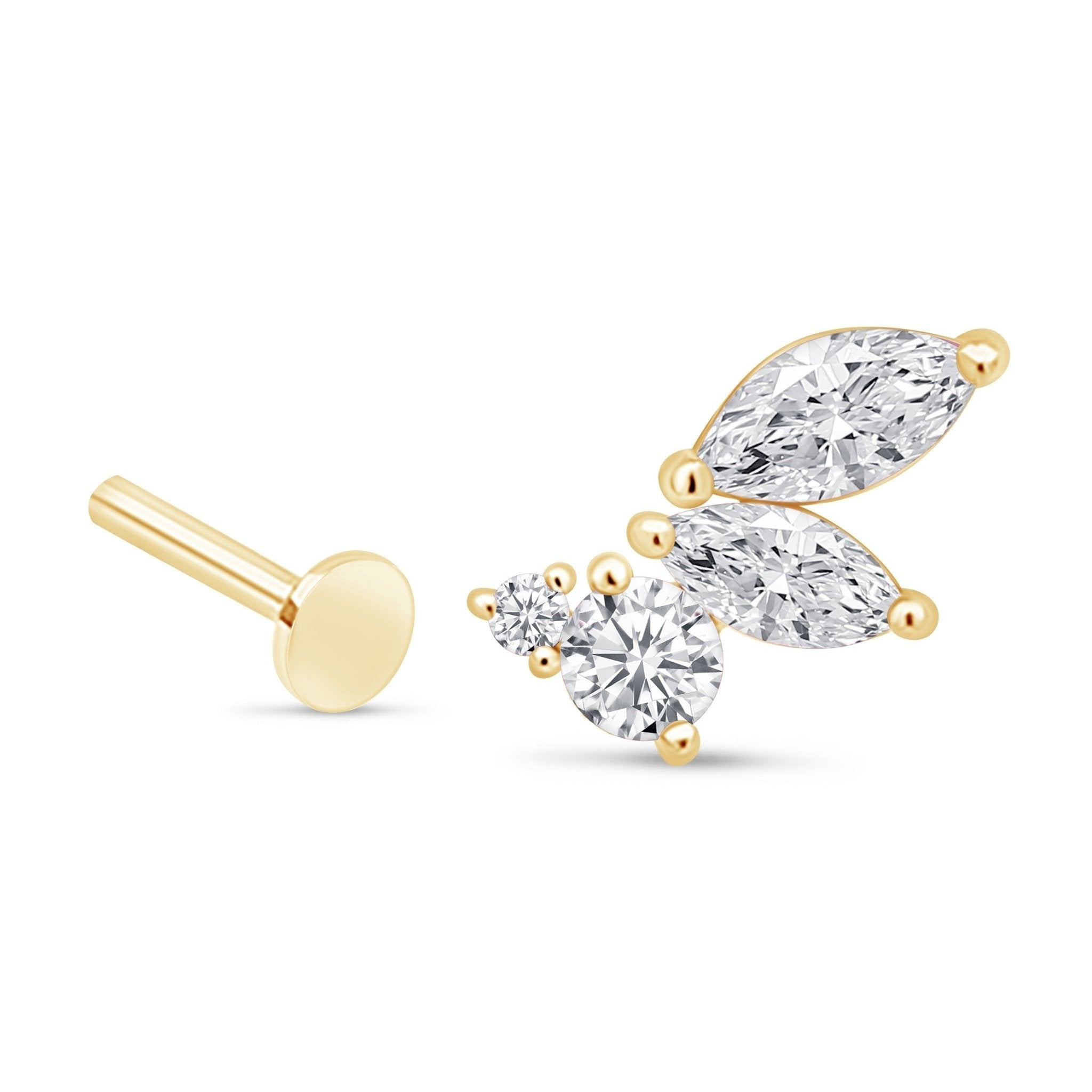 14k Yellow Gold Marquise Angel Wing Flat Back Stud Earrings - Hypoallergenic, Dainty & Elegant Jewelry for Women - Perfect for Everyday Wear, Gifts & Special Occasions