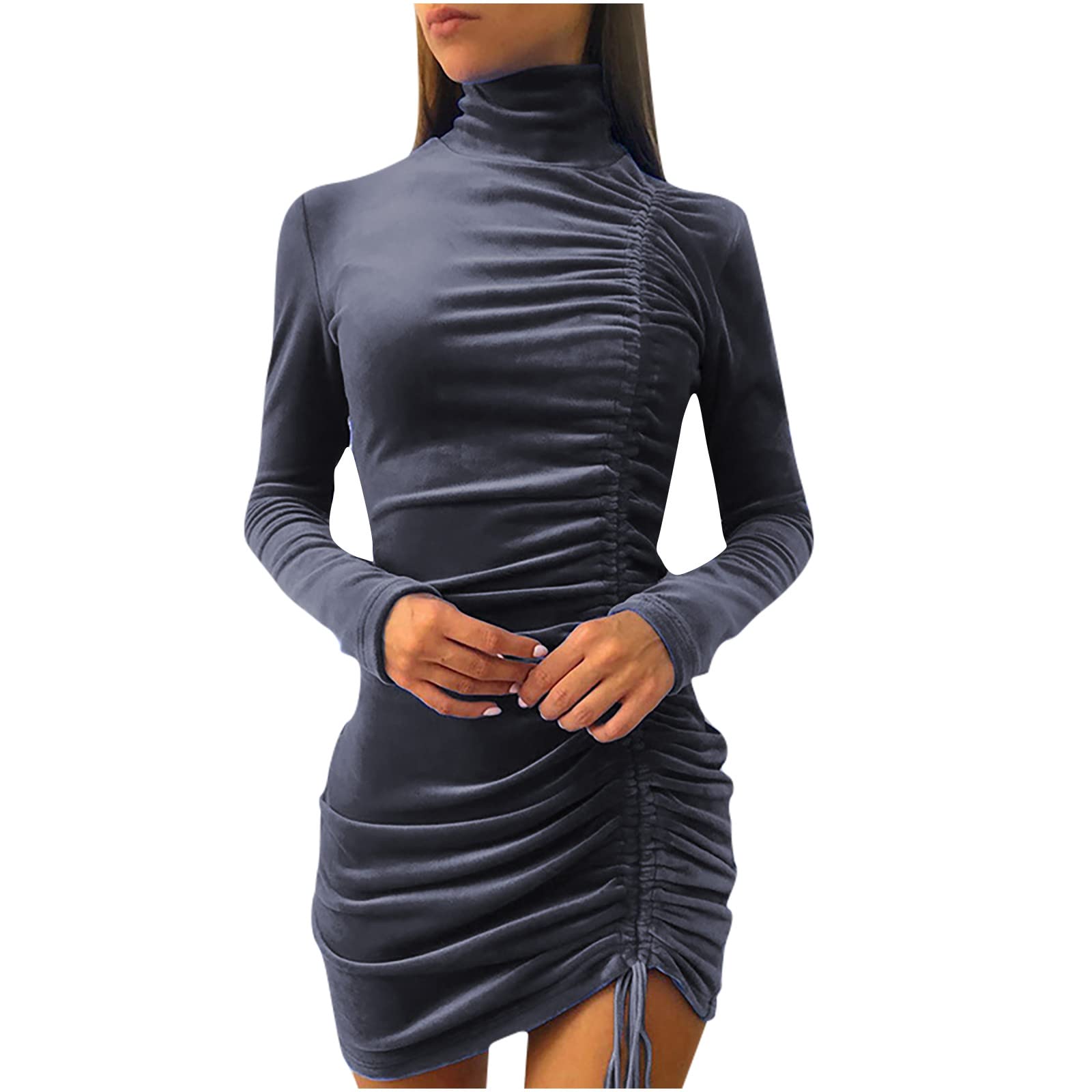 Ctreela Women's Velvet Turtleneck Sheath Dress - Ruched Bodycon Long Sleeve Wrap Dress with Drawstring | Perfect for Office, Party & Holiday Outfits