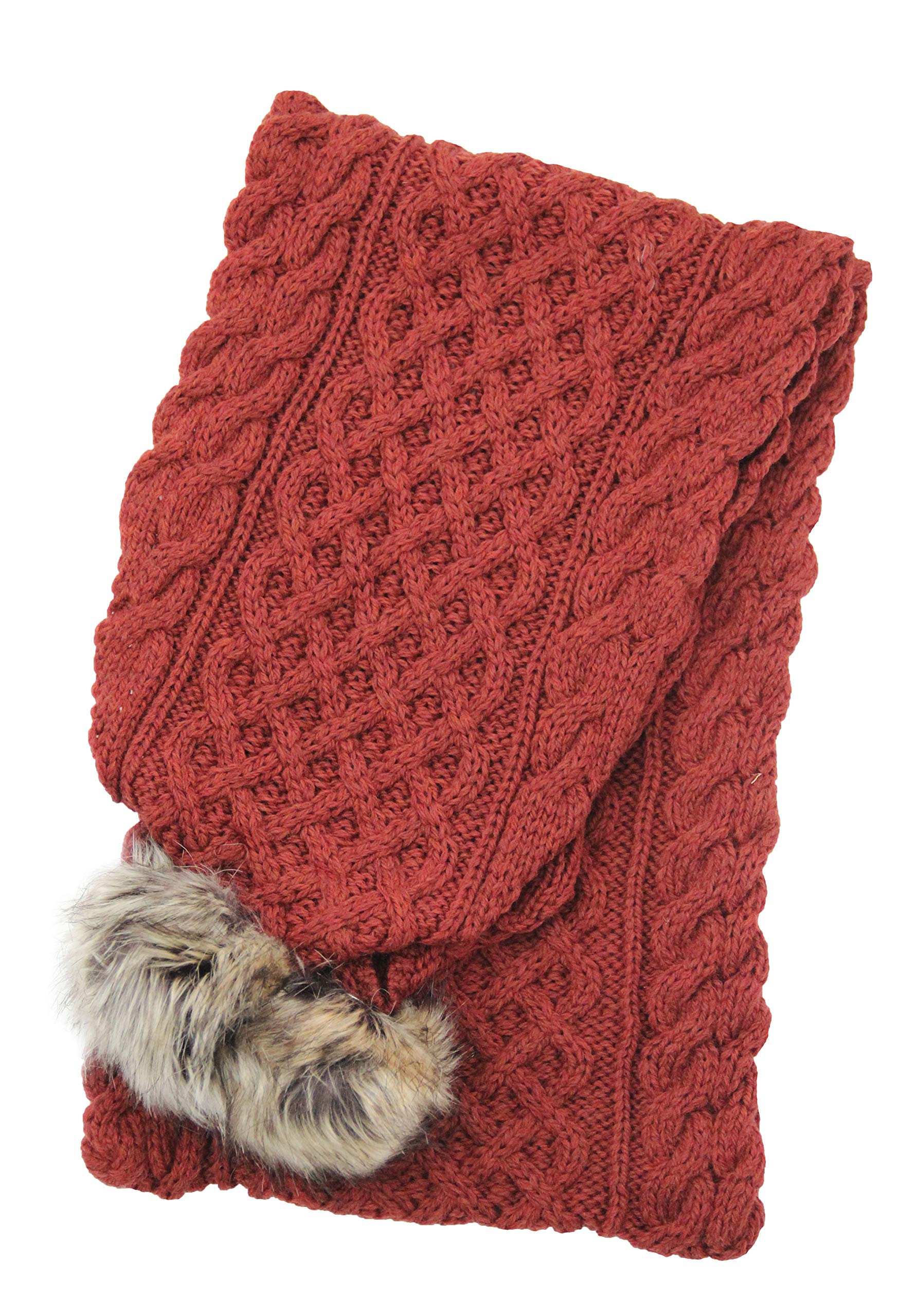 Aran Crafts Irish Cable Knit Wool Scarf with Faux Fur Pom - 10