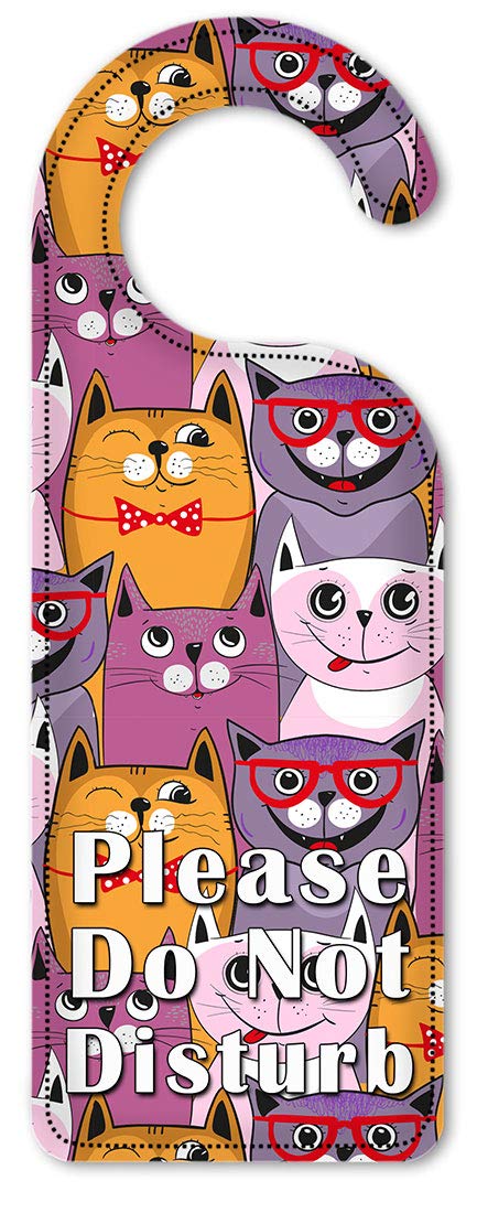 Art Plates Do Not Disturb Door Knob Hanger Sign - Pink, Purple & Orange Cat Design for Bedroom, Hotel & Office Privacy