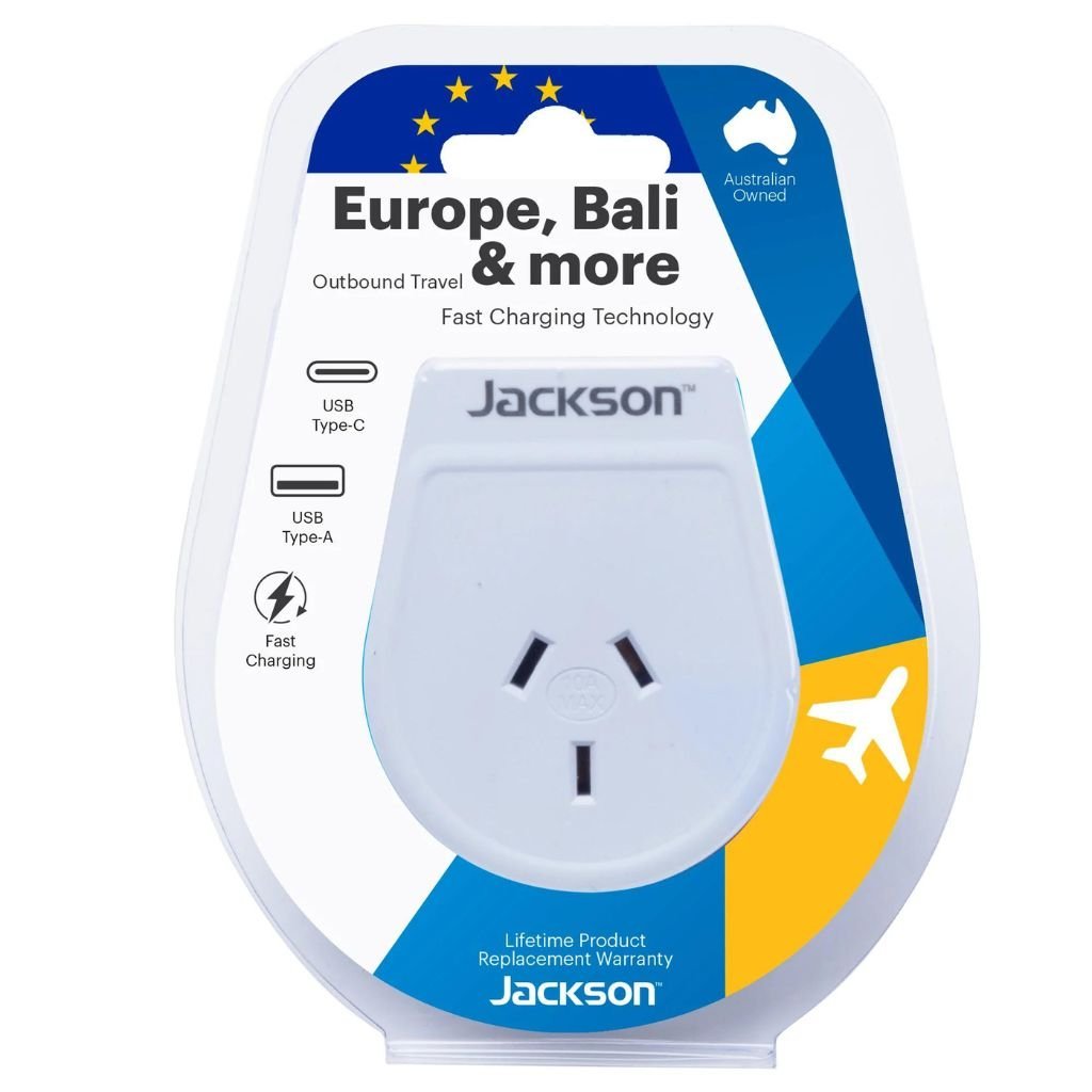 Jackson Outbound Slim USB A & C Travel Adapter - Dual Port Fast Charging for iPhone, Android, Laptop - AUS to EU Plug Converter for Europe Travel, Hotels, Business Trips