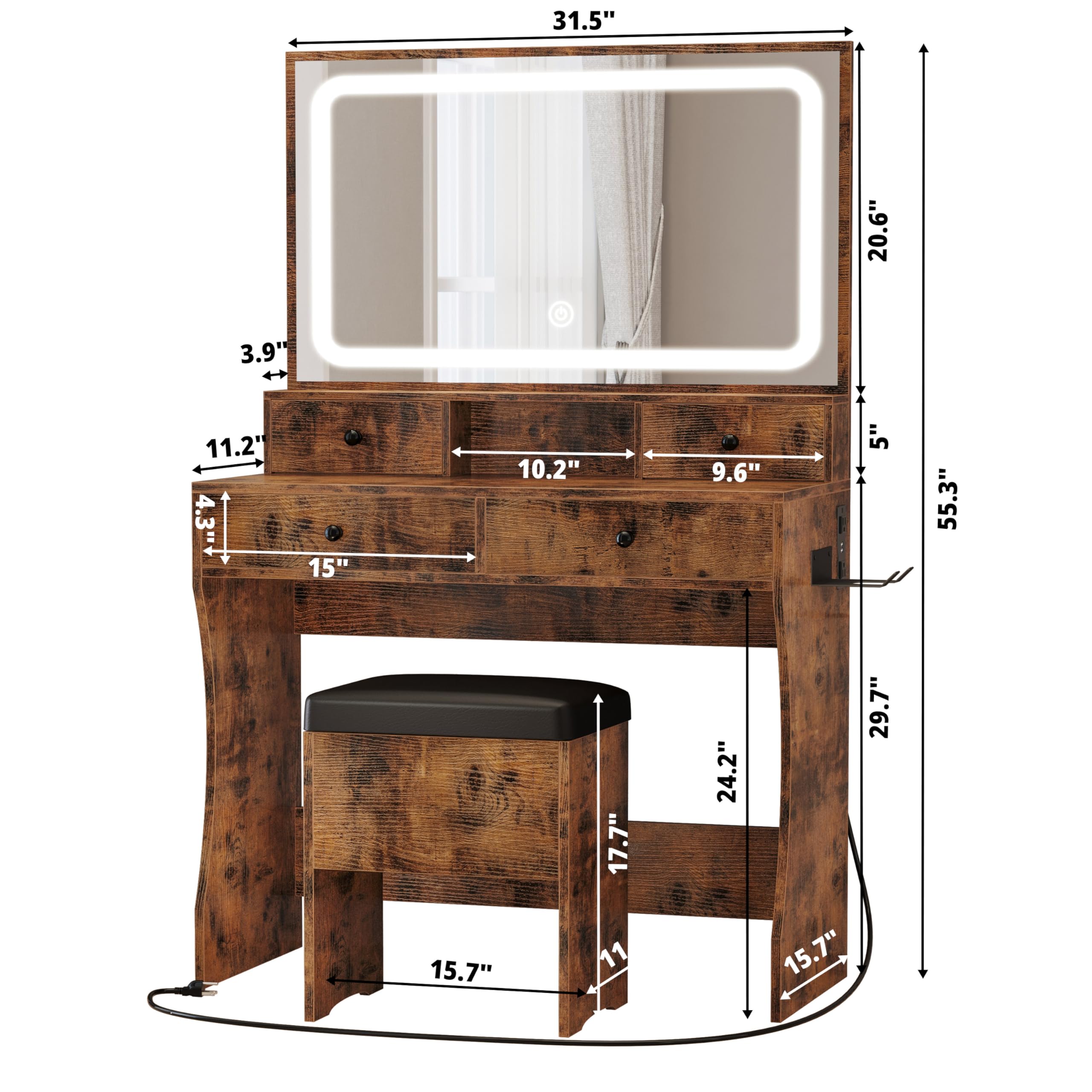 LIKIMIO Vanity Desk with LED Lighted Mirror, Power Outlet, 4 Drawers & Stool - Vintage Brown Dressing Makeup Table Set with Hair Dryer Stand | Perfect for Bedroom, Bathroom & Salon Organization