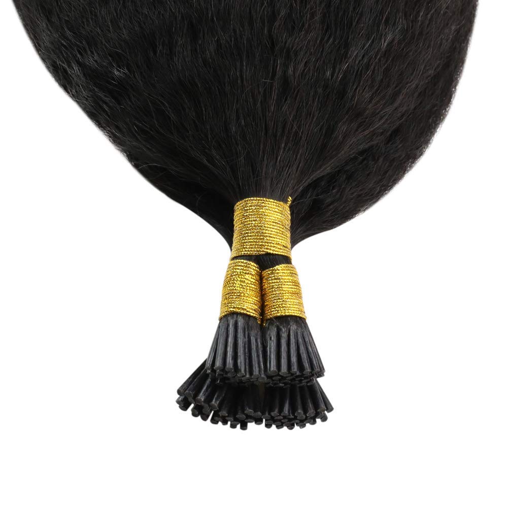 Kinky Straight Human Hair I-Tip Extensions - 100 Strands (1g/Strand) 22 Inch Natural Color Pre-Bonded Hair Extensions for Black Women | Perfect for Protective Styling, Weddings & Everyday Glam