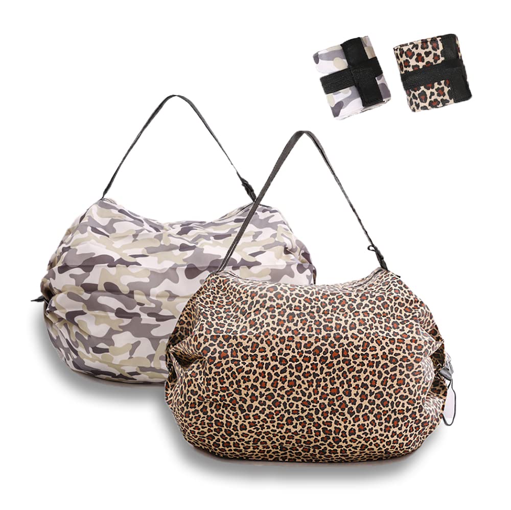 Foldable Reusable Shopping Bags - Large Durable Grocery Tote with Waterproof Oxford Fabric - Heavy Duty Camo & Leopard Print Design - Perfect for Grocery Shopping, Travel & Storage
