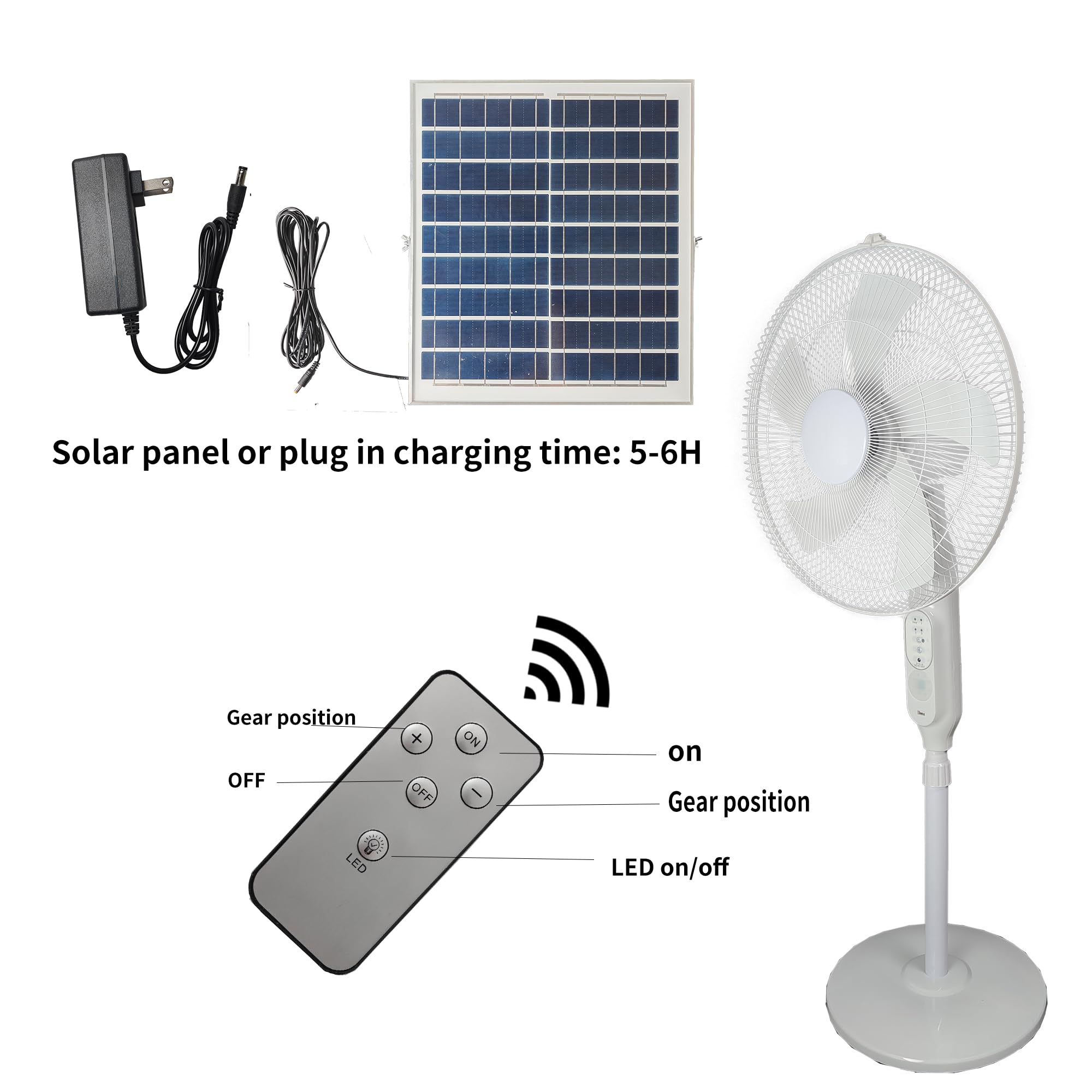 16-Inch Solar Rechargeable Oscillating Standing Fan with Remote Control - 15000mAh Battery, Adjustable Height - Perfect for Bedroom, Office, Patio, Camping & Outdoor Activities