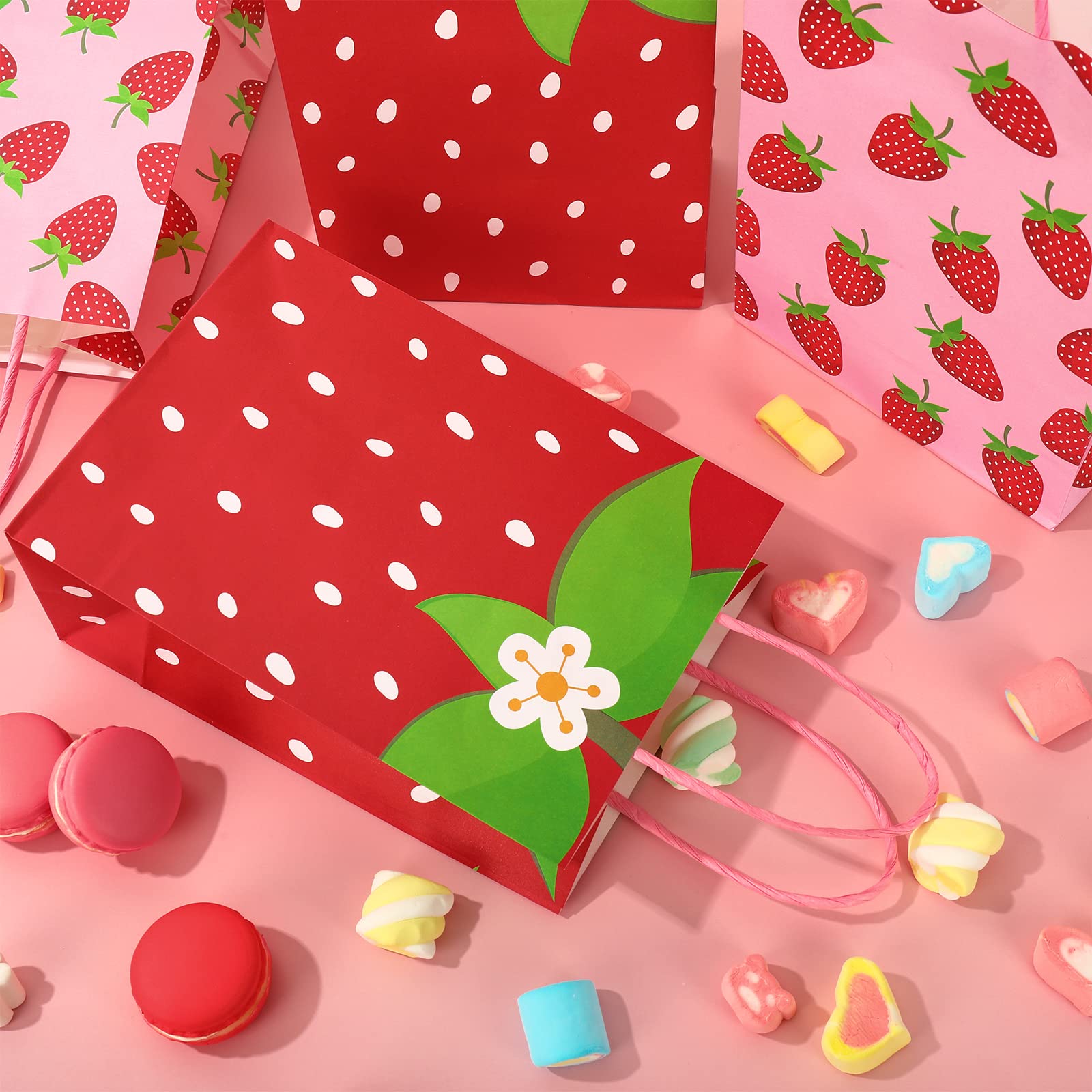 24 Pack Strawberry Gift Bags with Handles - Red & Pink Party Favor Bags for Birthday, Baby Shower, Wedding - Berry Sweet Decorative Paper Goody Bags for Candy, Treats & Small Gifts - Perfect for Party Favors, Classroom Rewards & Special Occasions