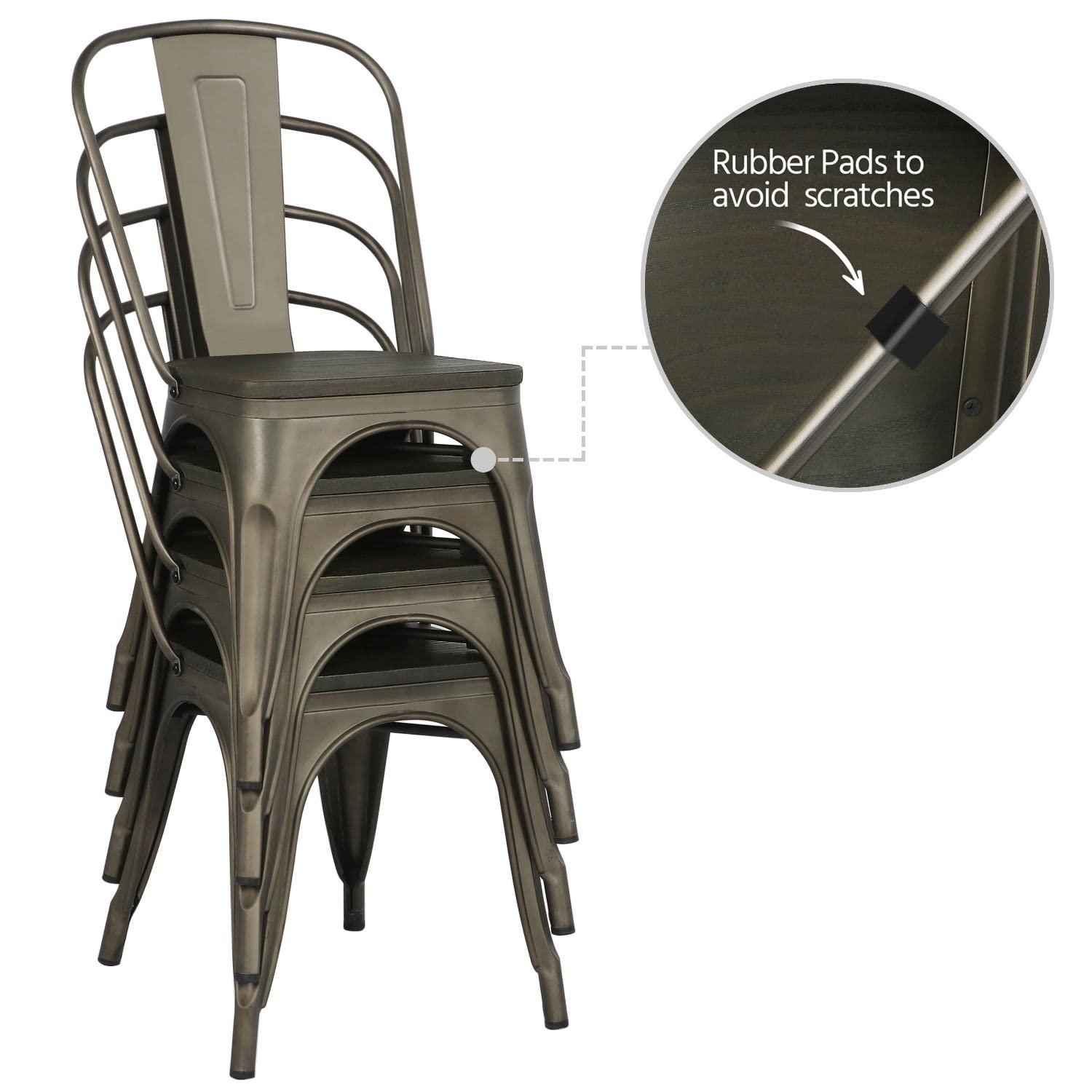 Topeakmart 4-Pack Metal Dining Chairs with Wood Seat - Stackable Indoor Outdoor Chairs for Kitchen, Patio, Restaurant & Office - Industrial Style Side Chairs with Back Support