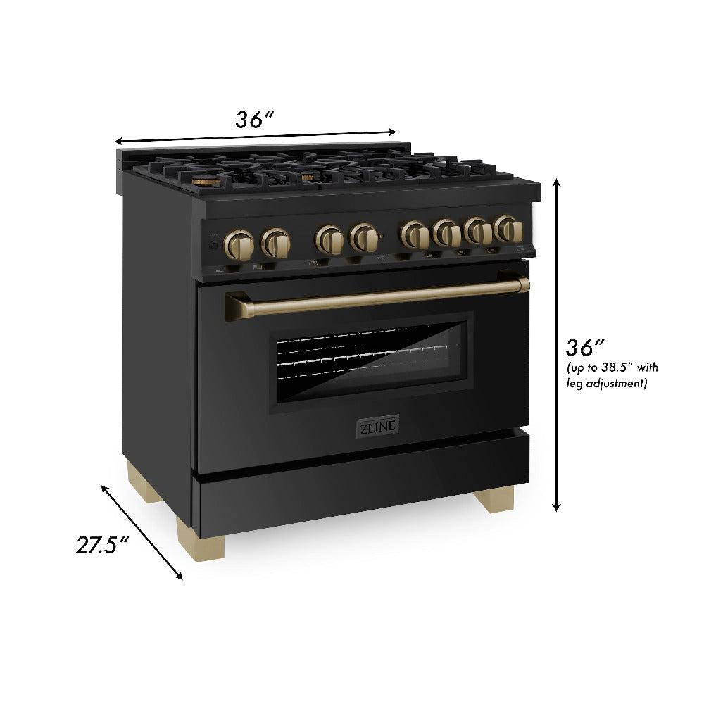 ZLINE Autograph Edition 36-inch Black Stainless Steel Dual Fuel Range & Range Hood with Champagne Bronze Accents - Professional Kitchen Package (2AKP RABRH36 CB) | Perfect for Gourmet Cooking & Modern Home Kitchens