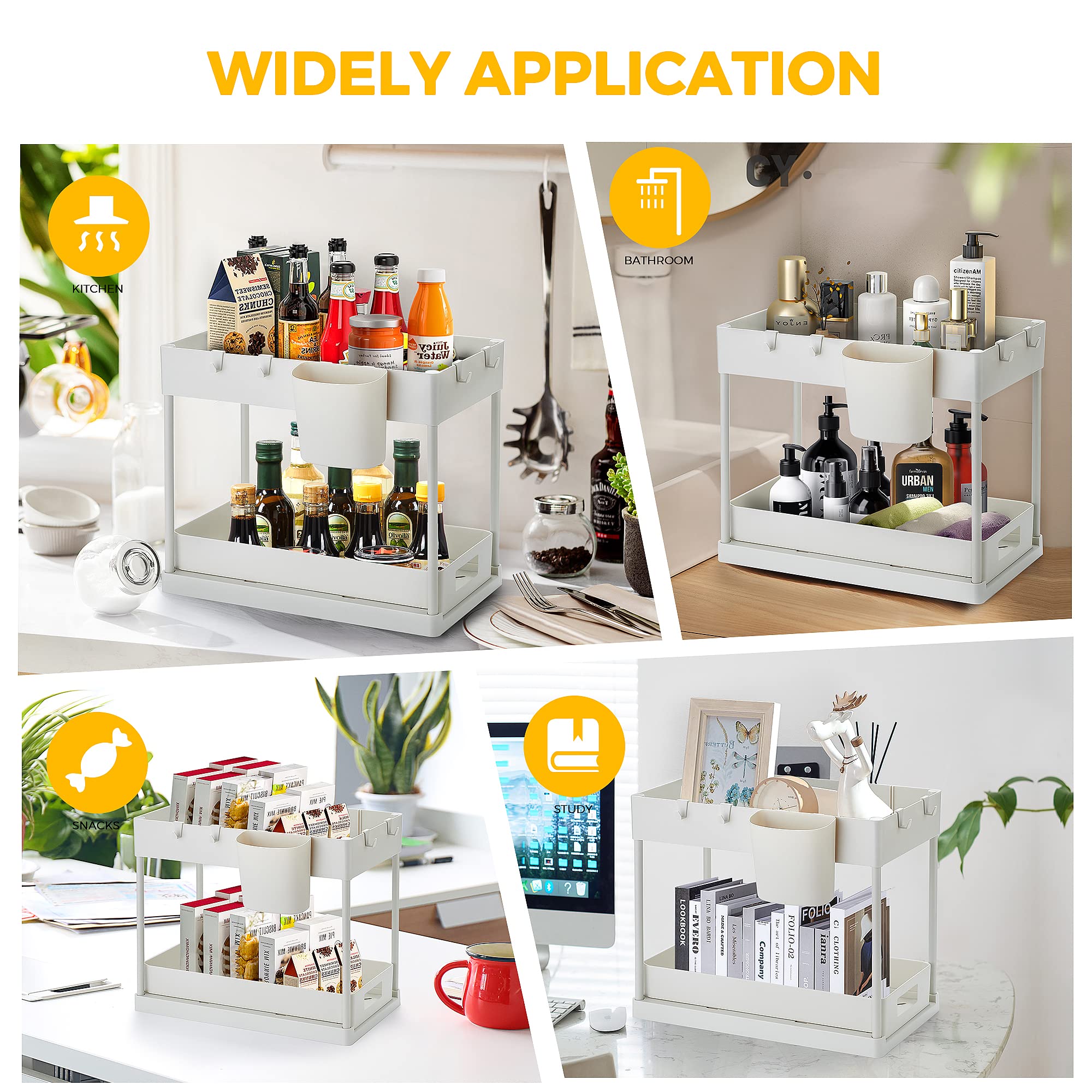 Ravinte 2-Tier Pull Out Under Sink Organizer with Hooks & Hanging Cup - White Sliding Cabinet Storage for Bathroom & Kitchen - Perfect for Maximizing Space Under Sink, Organizing Cleaning Supplies & Beauty Products