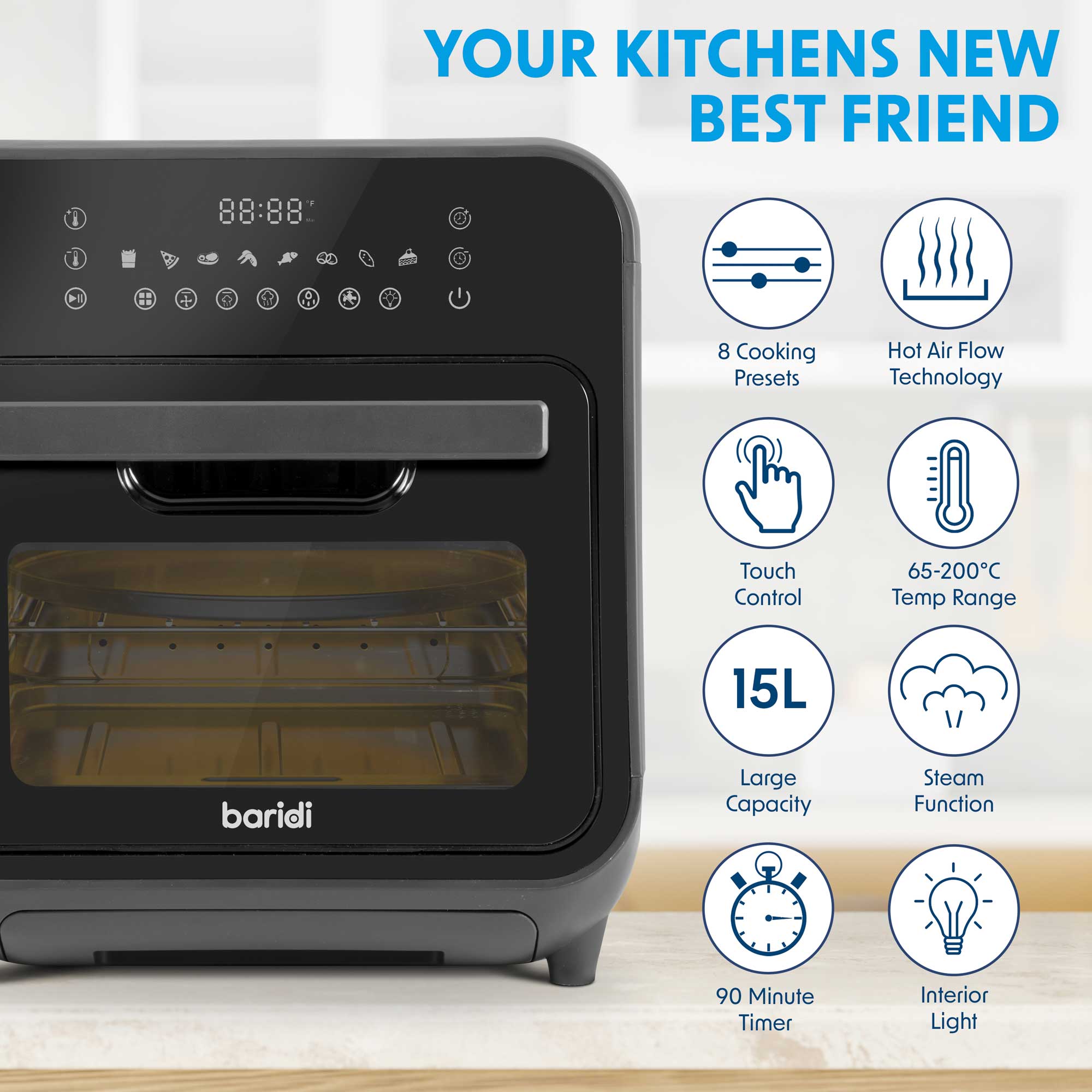 Baridi 15L Steam Air Fryer Oven Combo with Self-Cleaning - 8 Preset Functions, 1635W, Black - Perfect for Healthy Cooking, Baking, Roasting & Frying at Home
