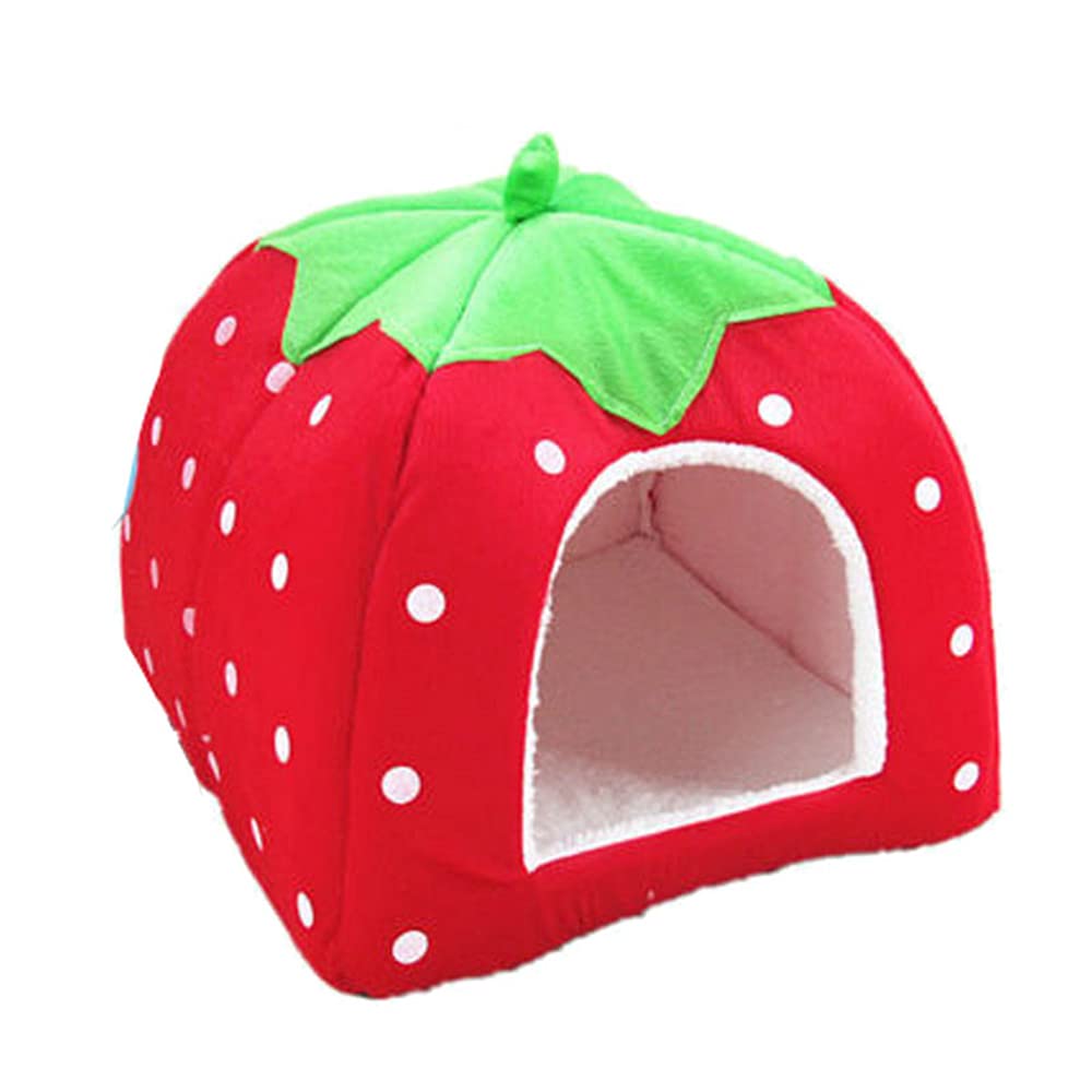 Soft Foldable Leopard Print Pet Bed for Dogs & Cats - Warm Winter Strawberry Cave Design, Red, 43x34x5cm - Cozy Indoor Sleeping for Small to Medium Pets