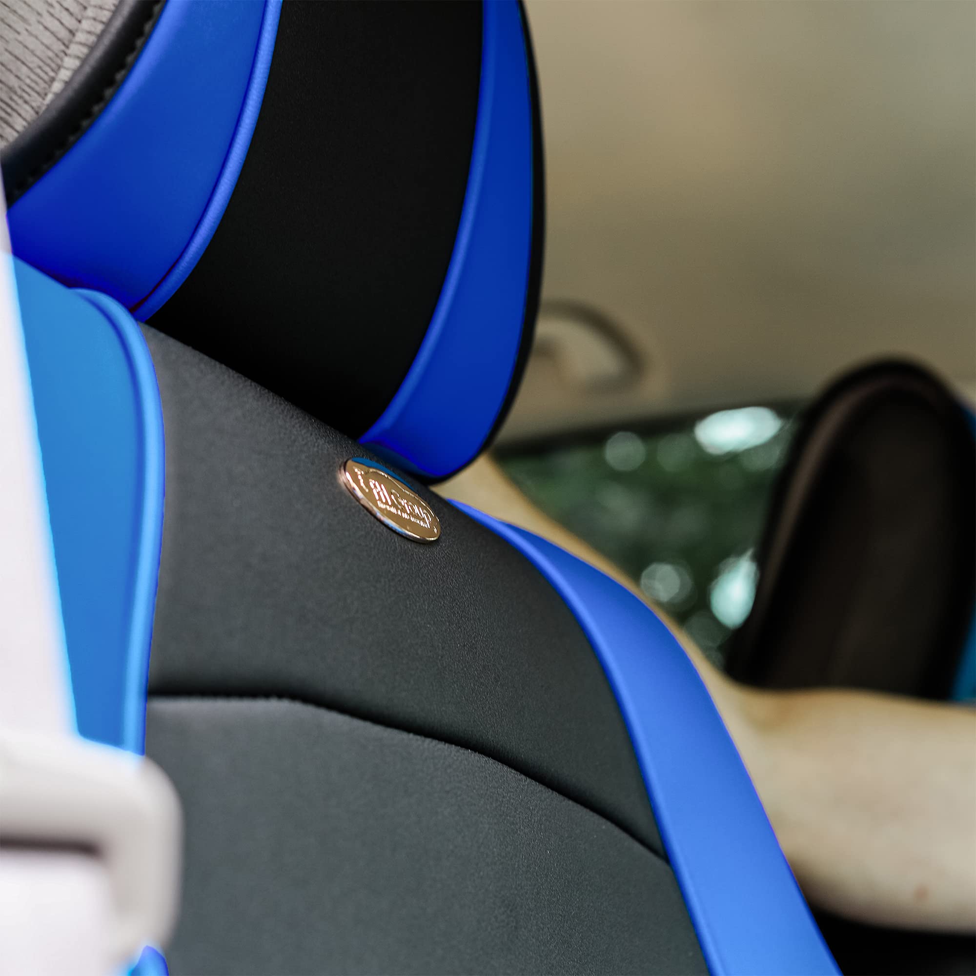TLH Ultra Comfort Leatherette Blue & Black Car Seat Cushions Set with Non-Slip Dash Mat - Universal Fit for Cars, Trucks, SUVs - Waterproof Faux Leather Seat Covers for Driving Comfort & Style