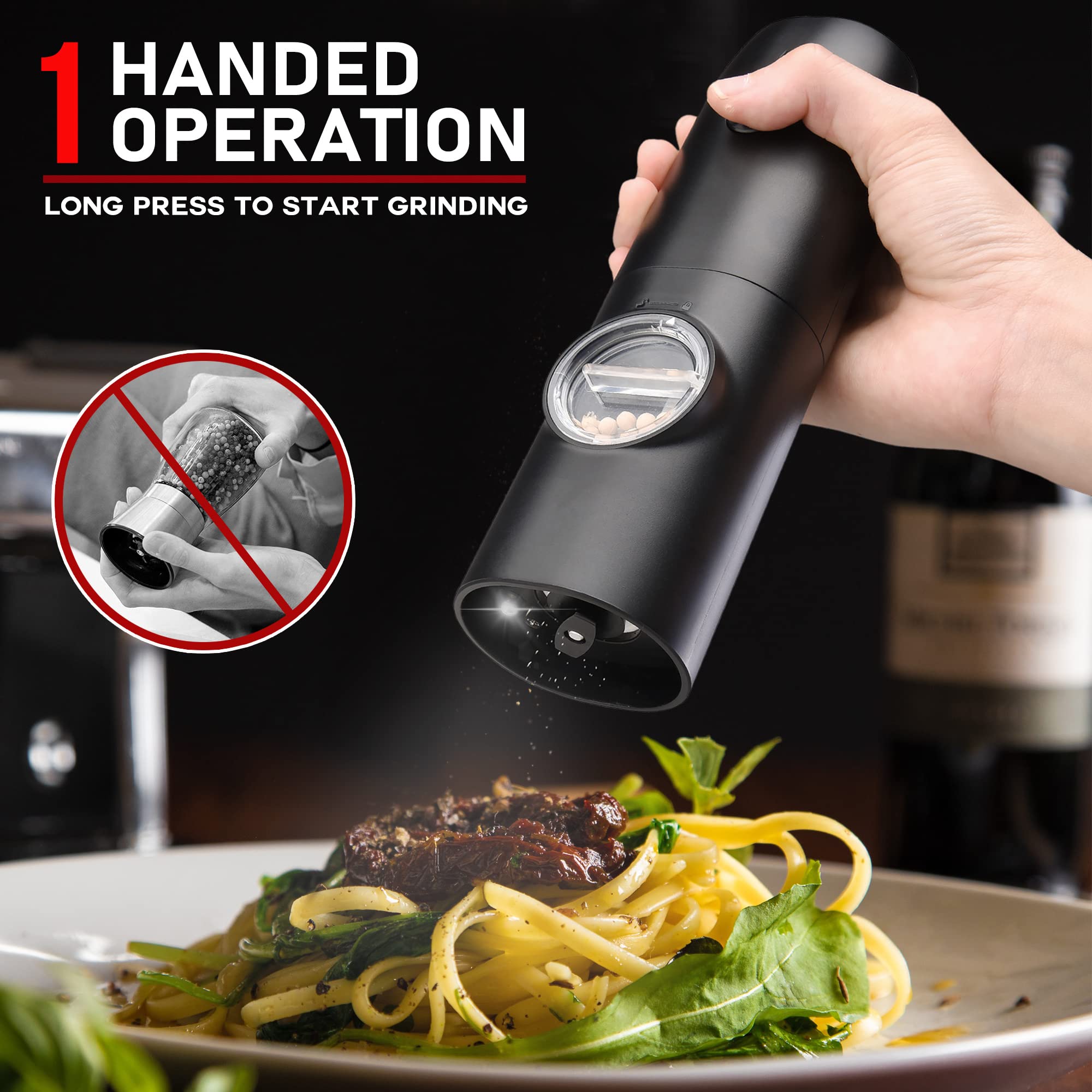 Premium Electric Salt and Pepper Grinder Set - USB Rechargeable Automatic Mill with Adjustable Coarseness & One-Hand Operation | Ceramic Burr Refillable Spice Grinder with LED Light & Charging Base | Perfect for Kitchen, Dining Table & Outdoor BBQ