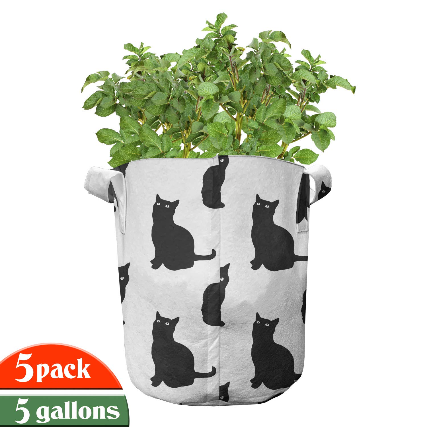 Ambesonne 5-Pack Cat-Themed Grow Bags - Heavy Duty 5 Gallon Fabric Plant Pots with Handles, Playful Black Kitten Design (Black & White) - Perfect for Indoor/Outdoor Gardening, Balcony Plants & Cat Lovers