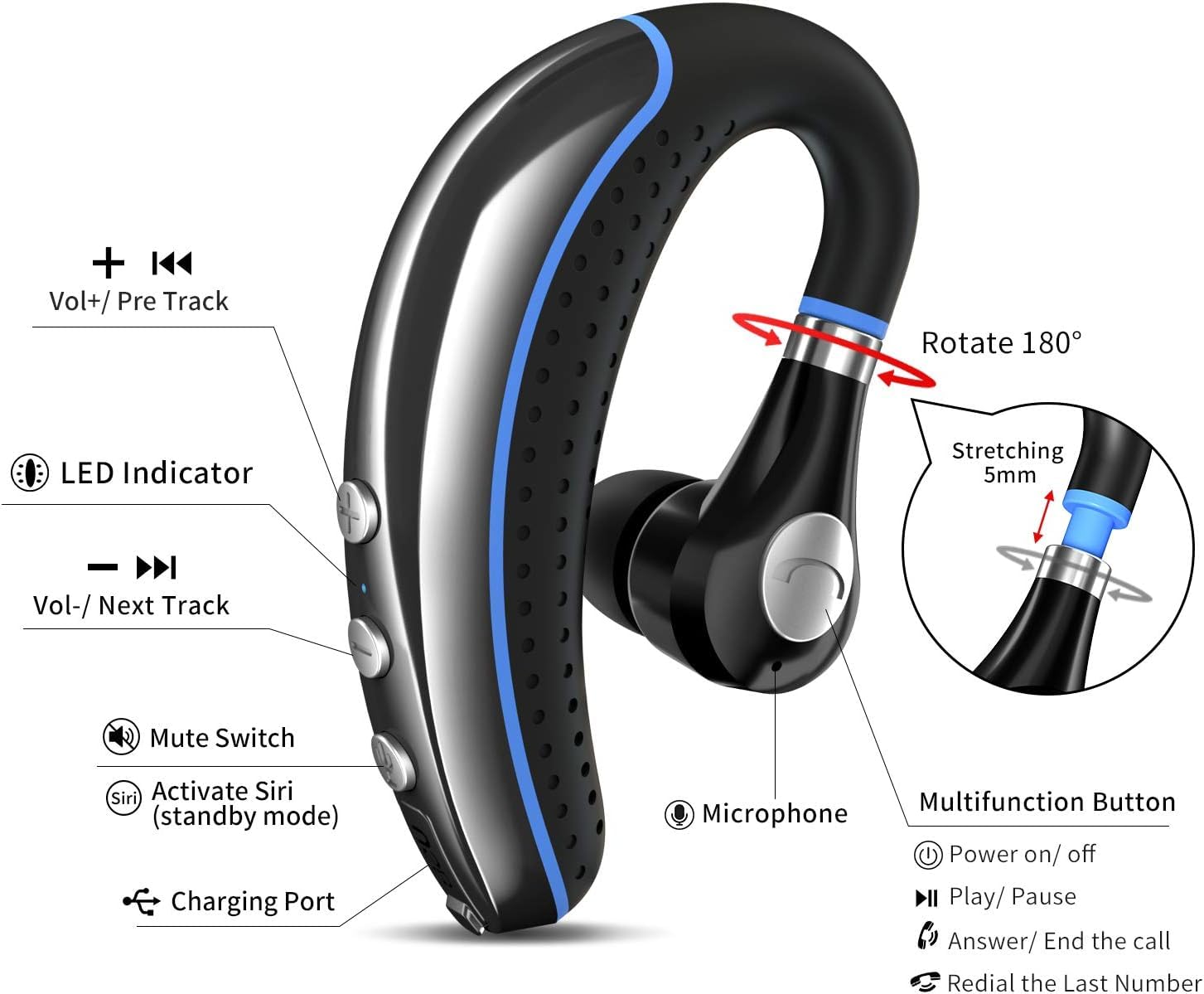 Wireless Bluetooth Headset V5.0 with Noise Canceling Mic - Lightweight Business Earphones for Android & iPhone - Perfect for Driving, Trucking, Office Calls & Smartphone Use - Blue