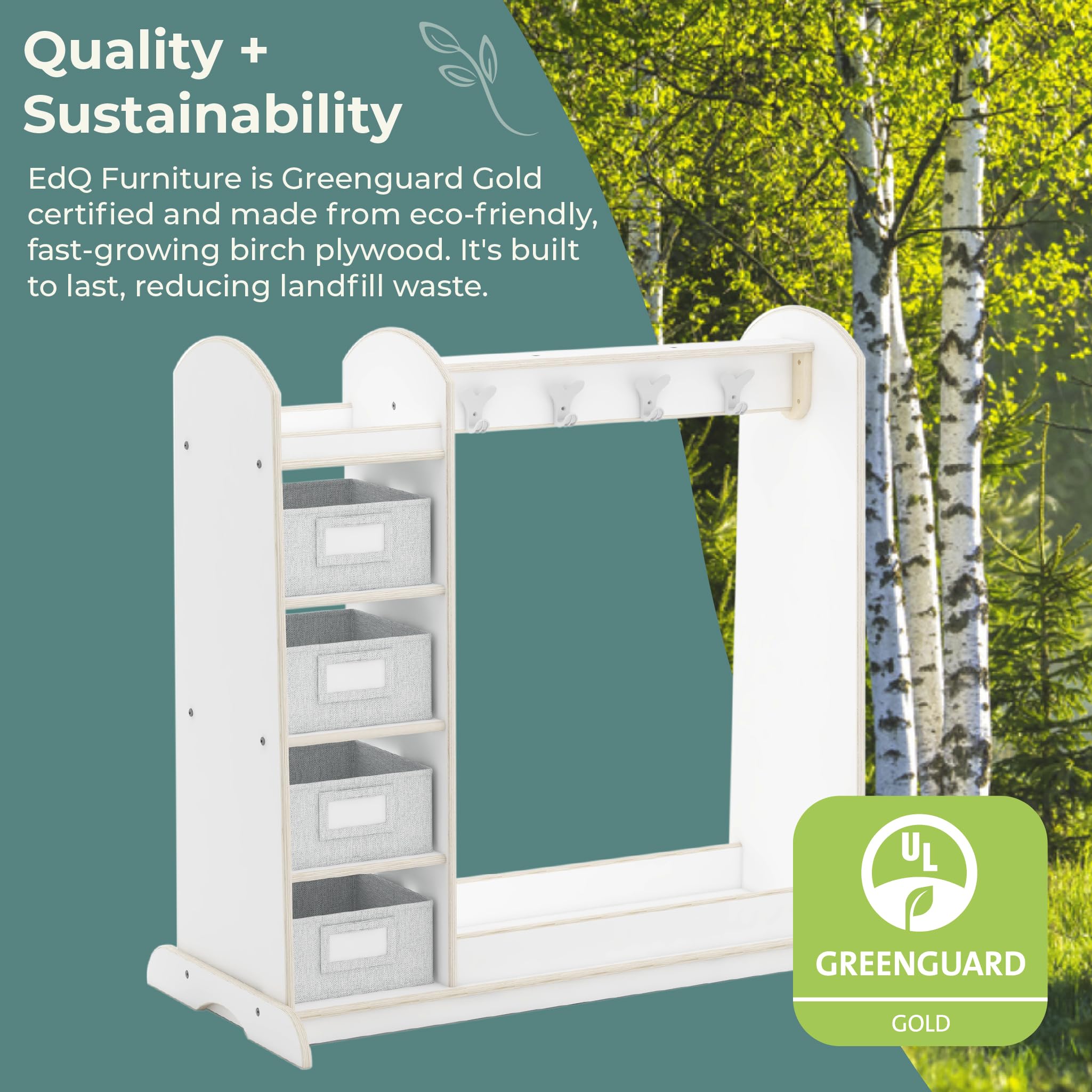 Guidecraft EdQ Dress-up Storage with Bins - White Kids Dresser with Mirror & Safe Hooks, Children's Costume Organizer & Playroom Furniture - Perfect for Bedroom, Nursery, and Daycare Storage Solutions