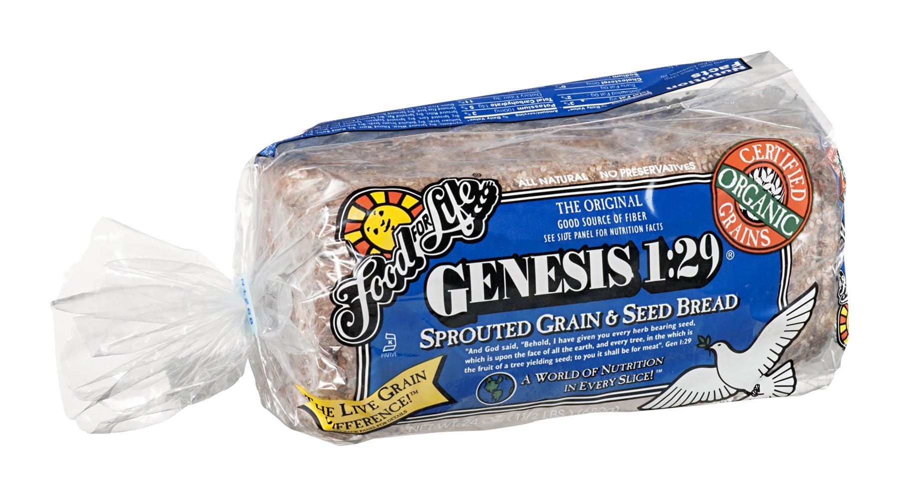 Organic Sprouted Whole Grain Bread - Food For Life Genesis 24oz (Pack of 6) | Vegan, Non-GMO, High Fiber | Perfect for Sandwiches, Toast & Healthy Breakfast