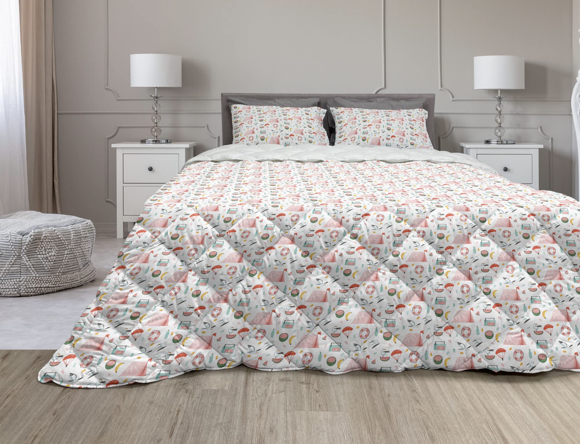 Ambesonne Summer Comforter & Sham Bedding Set - Beach Camping Tent Watermelon Seagulls Banana Print, 2-Piece Microfiber Duvet Cover Set with Quilt Filling, Twin XL Size in Pale Pink Seafoam & Orange - Perfect for Beach House, Summer Bedroom Decor & Vacation Home Styling