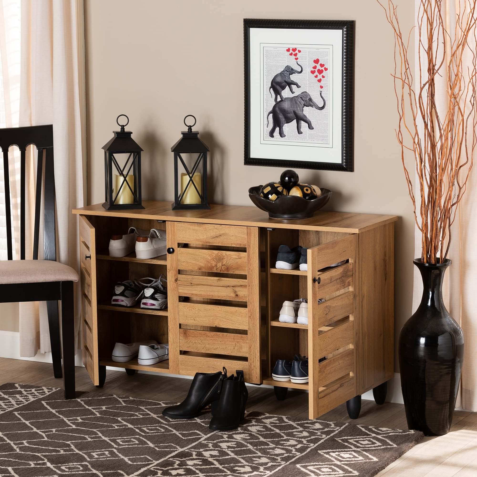 Baxton Studio Gisela Modern 3-Door Shoe Storage Cabinet - Solid Oak Wood with Brown Finish | Perfect for Entryway, Closet & Bedroom Organization