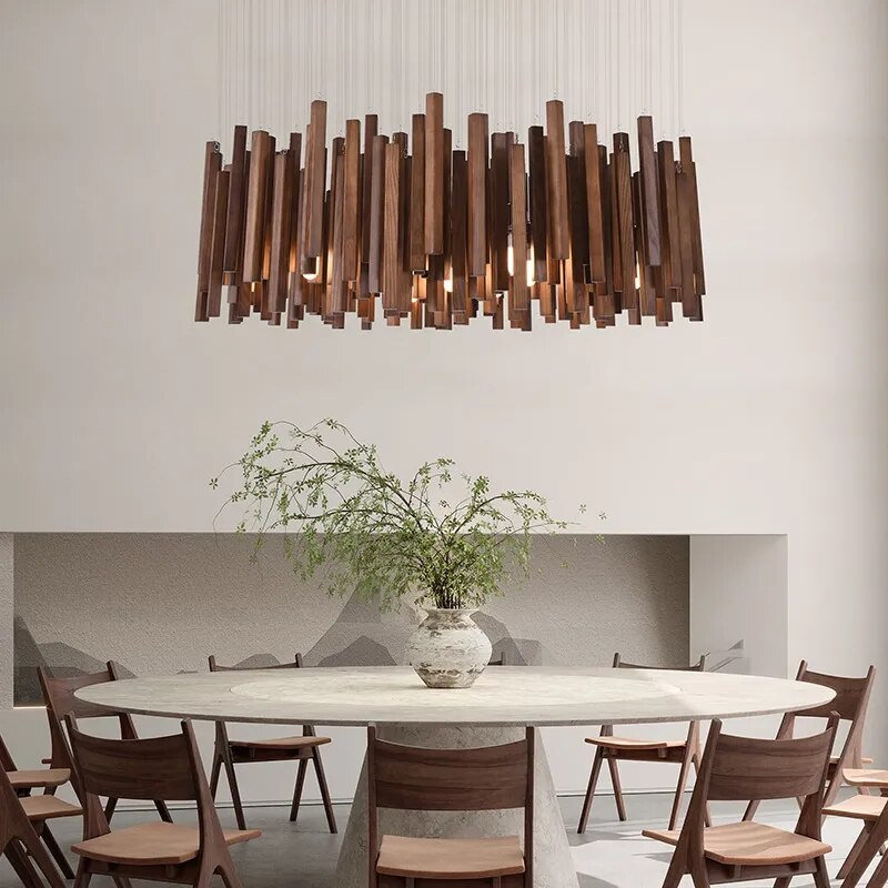 Solid Oak Wood Hanging Chandelier - Rustic Farmhouse Ceiling Light Fixture for Dining Room, Kitchen Island & Bedroom Decor