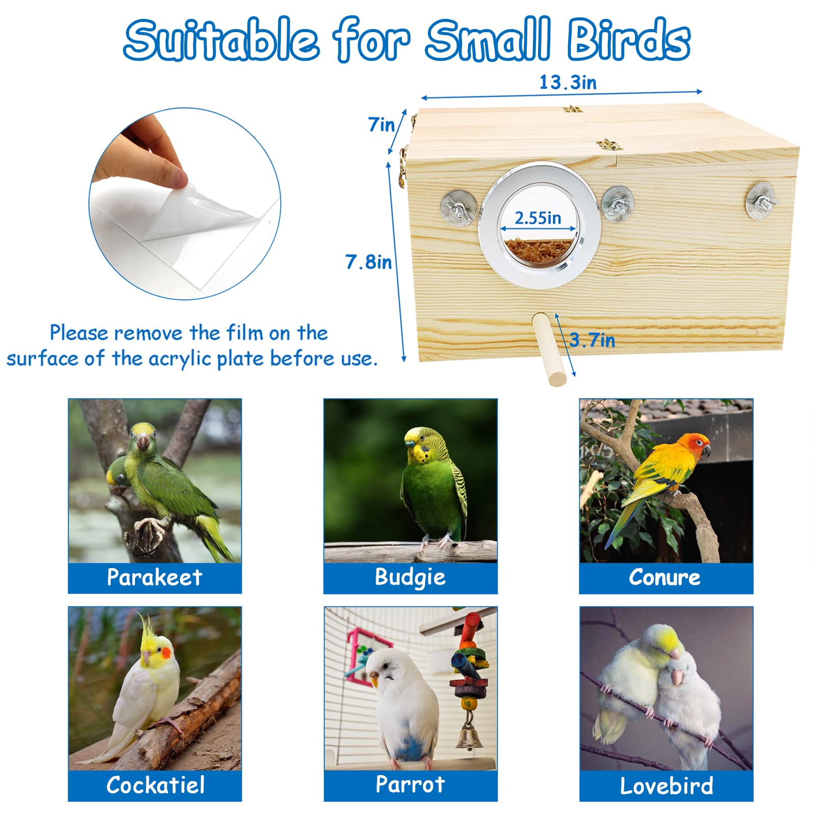 BNOSDM Large Transparent Parakeet Nesting Box - Wooden Bird House with Perch for Cage, Breeding & Nesting - Perfect for Parrots, Lovebirds, Budgerigars - Ideal for Bird Watching & Safe Breeding at Home