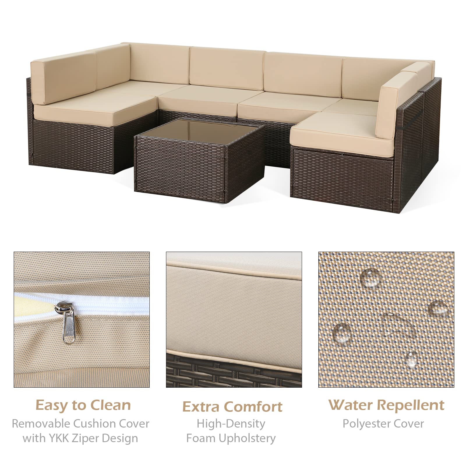 AECOJOY 7-Piece Outdoor Patio Furniture Set with Coffee Table - PE Rattan Sectional Sofa & Khaki Cushions for Garden, Backyard, Poolside - Durable Weather-Resistant Conversation Set for Relaxing & Entertaining Outdoors