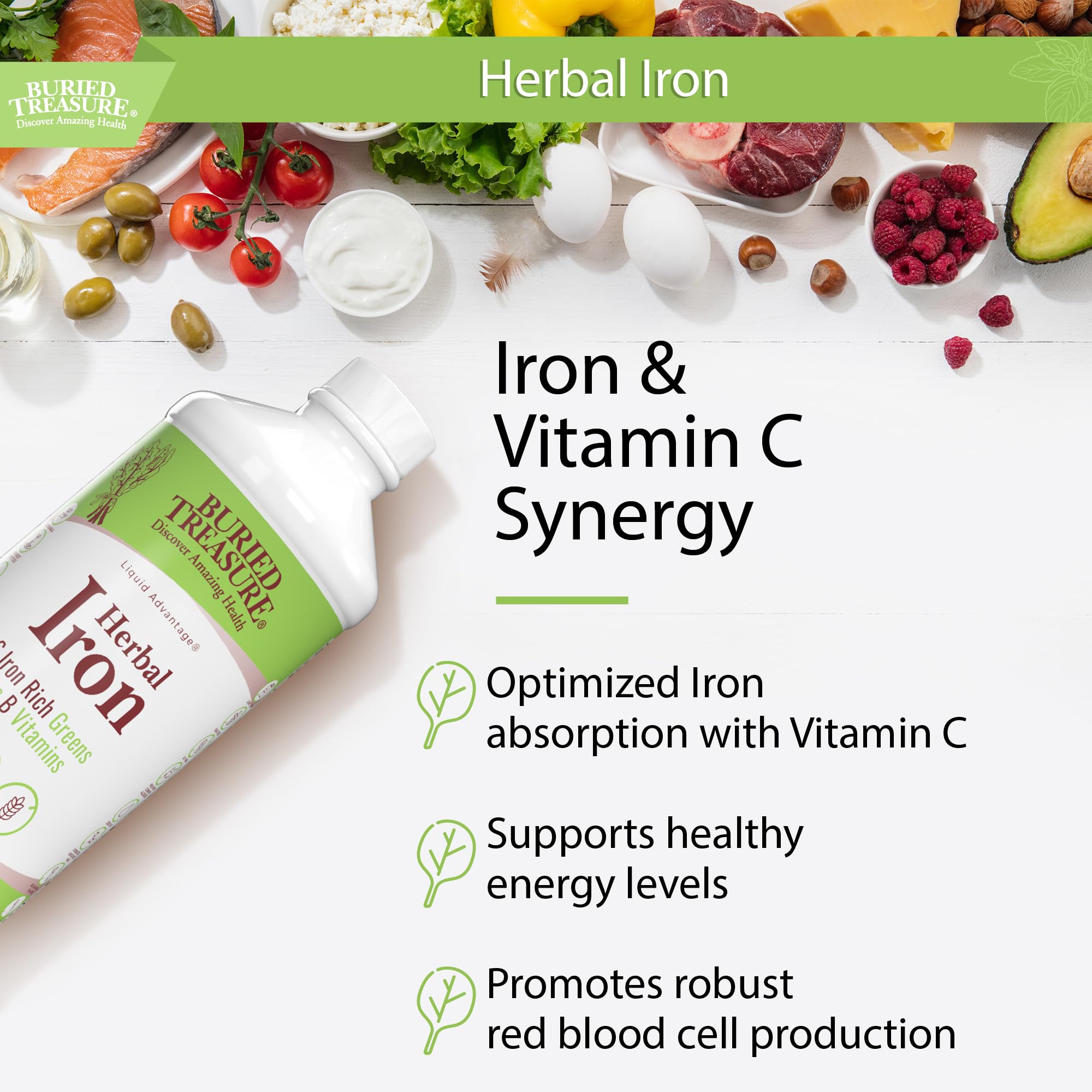 Buried Treasure Herbal Iron - 48 Servings | Liquid Iron Supplement with Vitamin C & B Complex | Vegan Iron for Men & Women | Supports Energy & Immunity | Great for Active Lifestyles & Vegetarian Diets