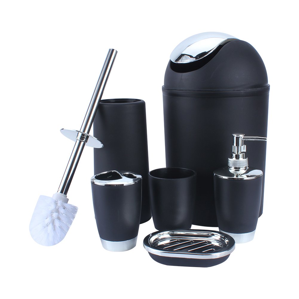 Premium 6-Piece Bathroom Accessories Set - Toothbrush Holder, Soap Dispenser, Soap Dish, Toothbrush Cup, Toilet Brush Holder & Trash Can - Modern Black Bathroom Organizer for Home, Hotel & Guest Bathroom Decor