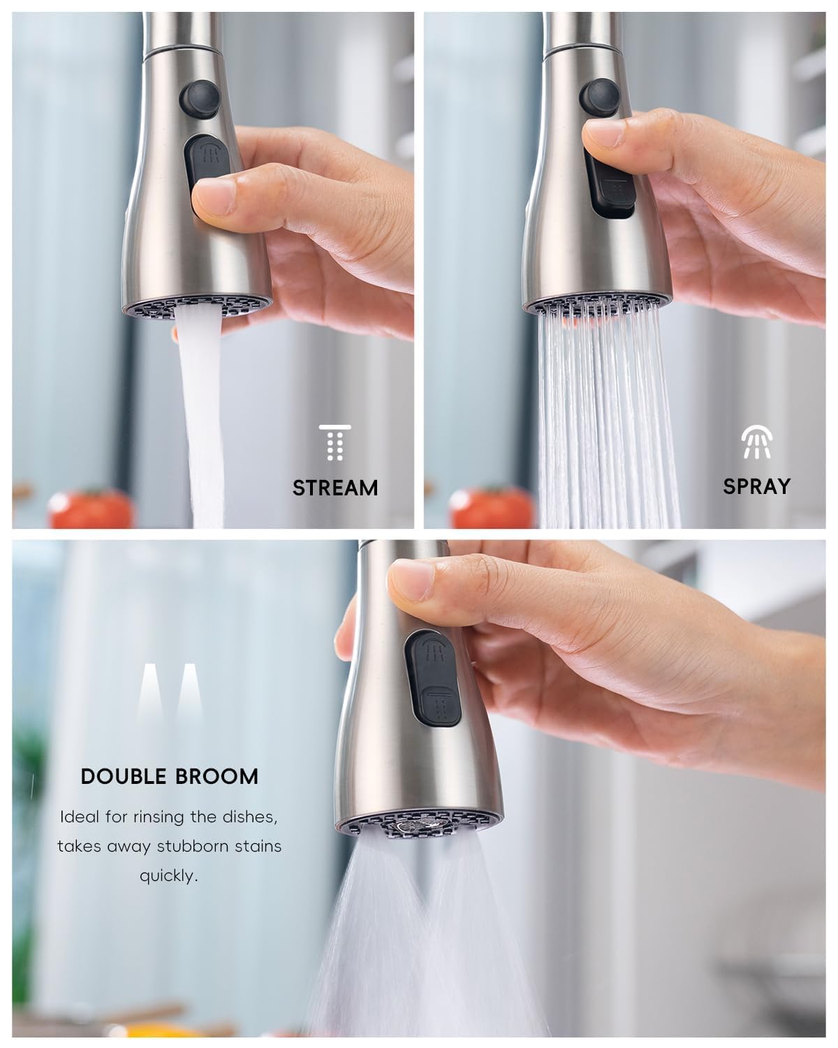 APPASO Brushed Nickel Kitchen Faucet - Modern 3 Function Pull Down Sprayer, Stainless Steel High Arc Single Handle Sink Faucet for 1 Hole Installation (No Deck Plate Needed) | Perfect for Modern Kitchens, Restaurant Prep Areas & RV Use