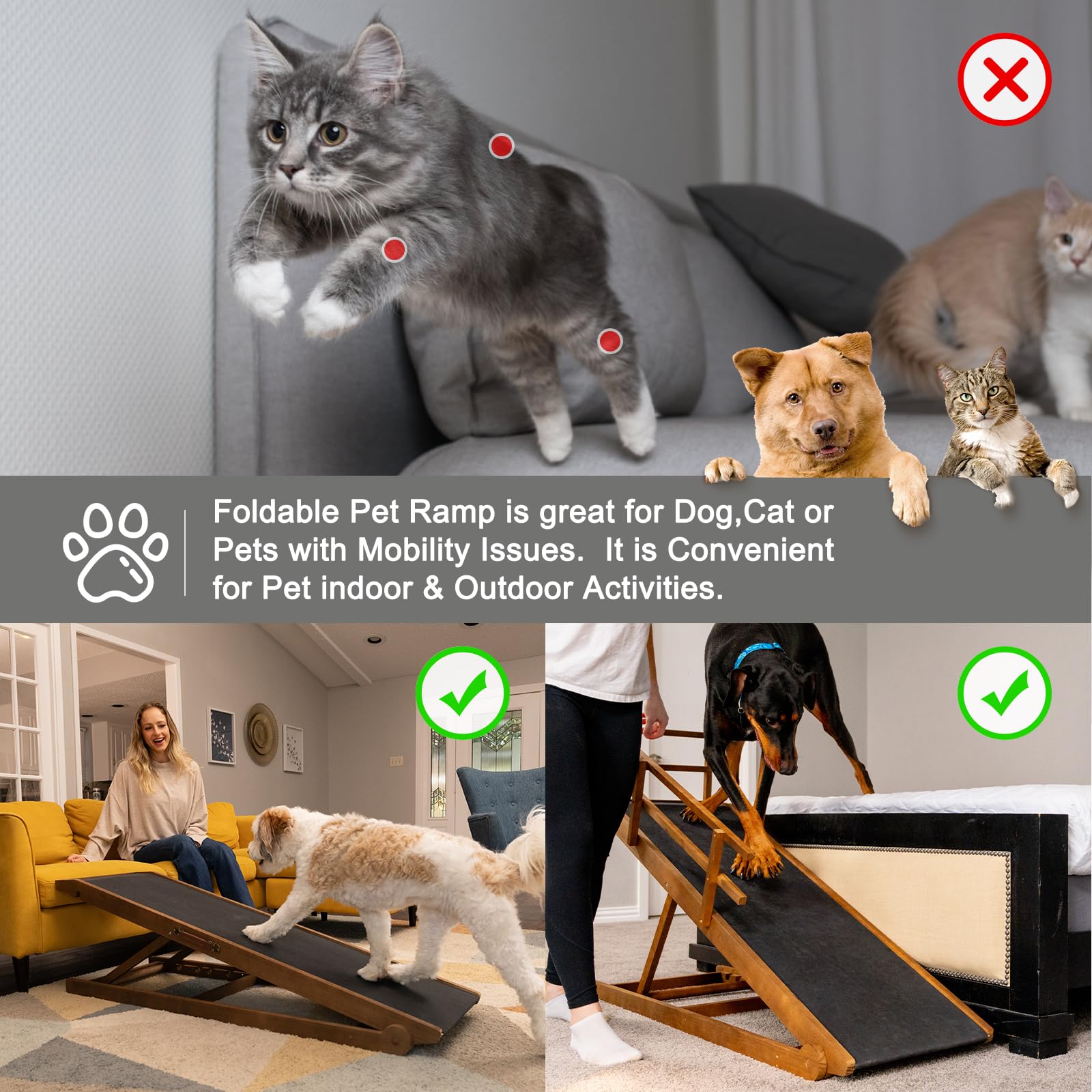 ABORON Adjustable Pet Ramp for Dogs & Cats - 5-Level Folding Dog Ramp for Bed, Couch, SUV, Car - Non-Slip Rubber Surface Supports 200 lbs, 45.2