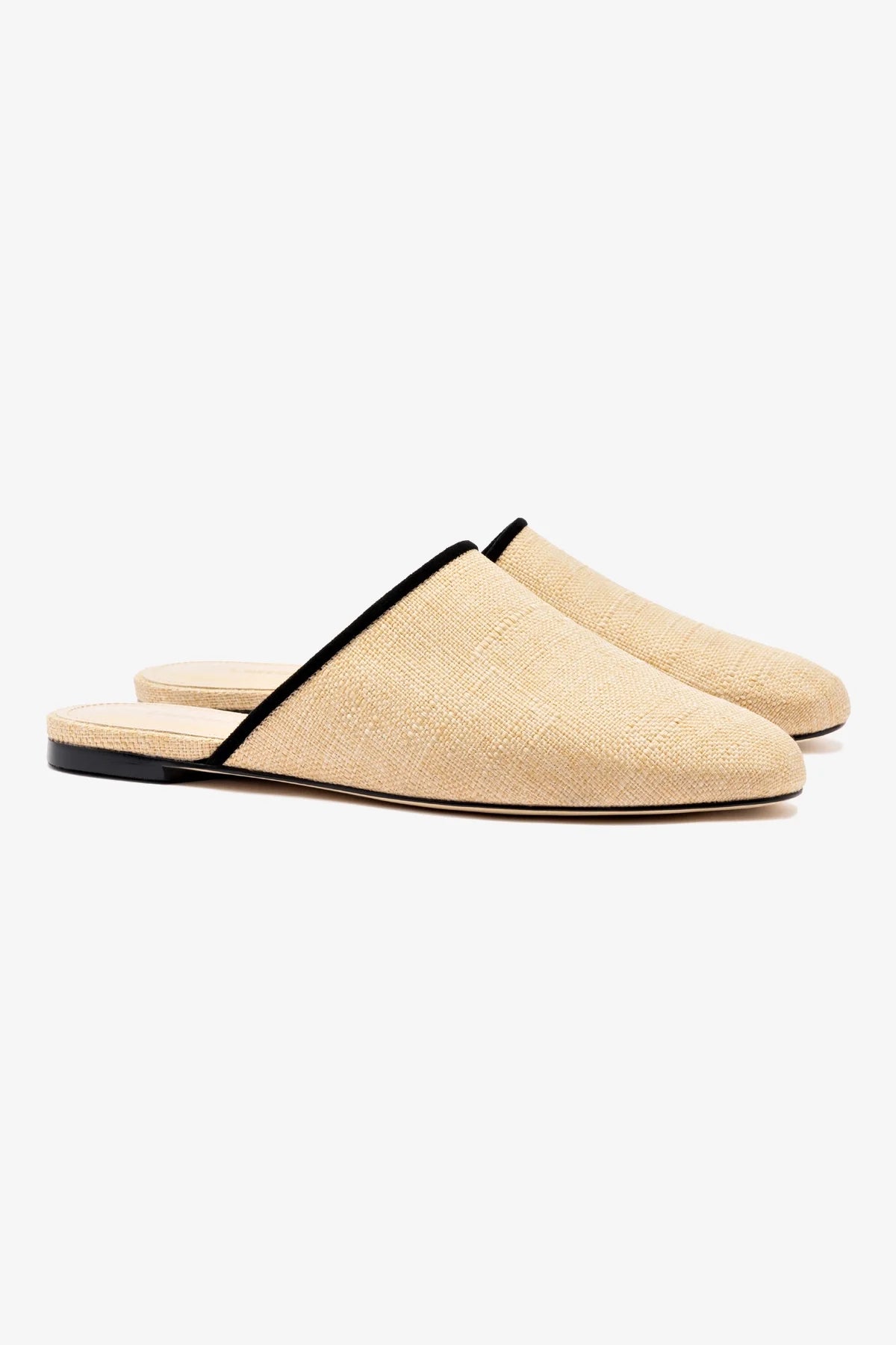 Venice Flat Mule Sandals - Beige Raffia with Black Trim | Comfortable Summer Slides for Women | Perfect for Beach, Vacation & Casual Outings