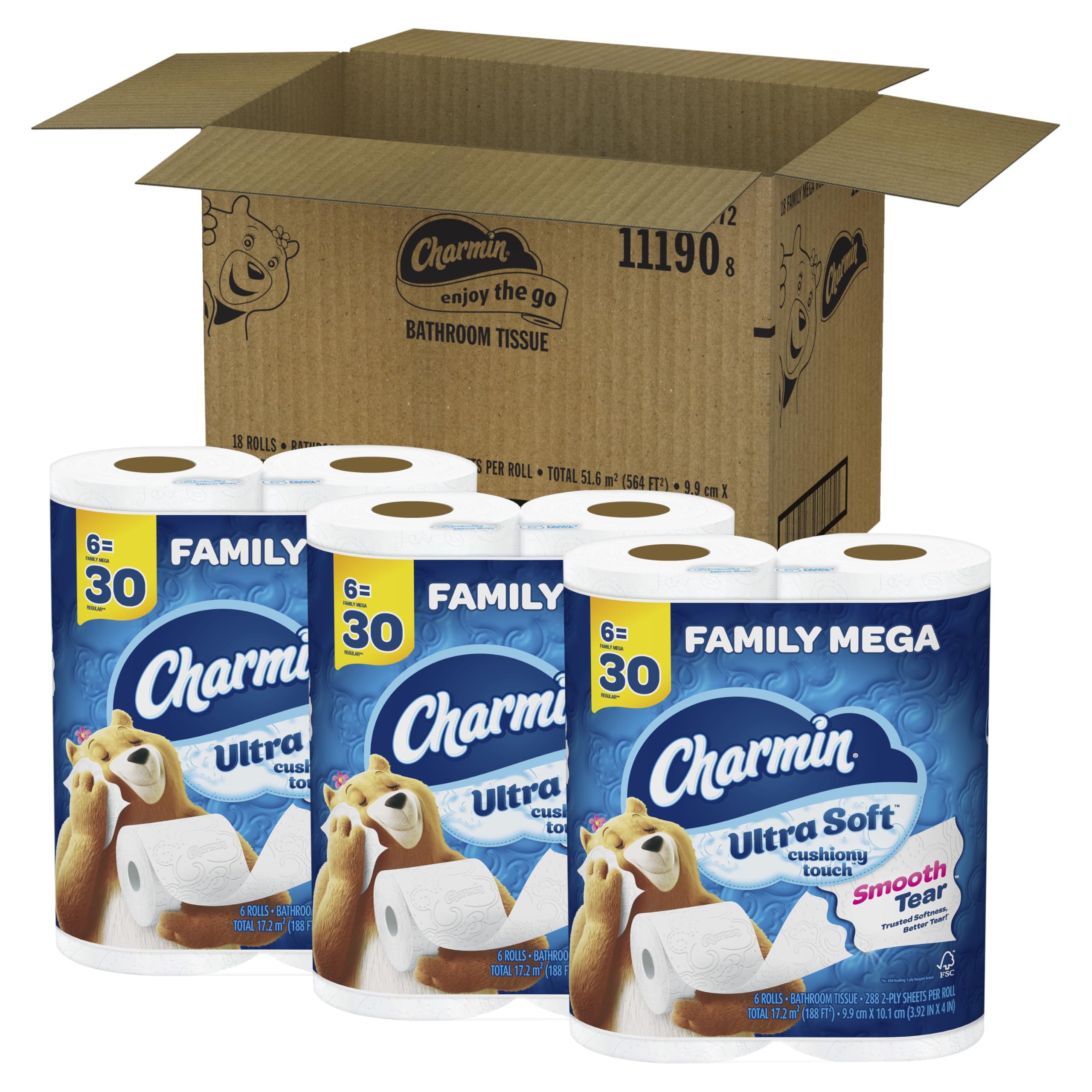 Charmin Ultra Soft Cushiony Touch Toilet Paper - 18 Family Mega Rolls (90 Regular Rolls) | Gentle Bathroom Tissue for Sensitive Skin | Perfect for Home, Office & RV Use