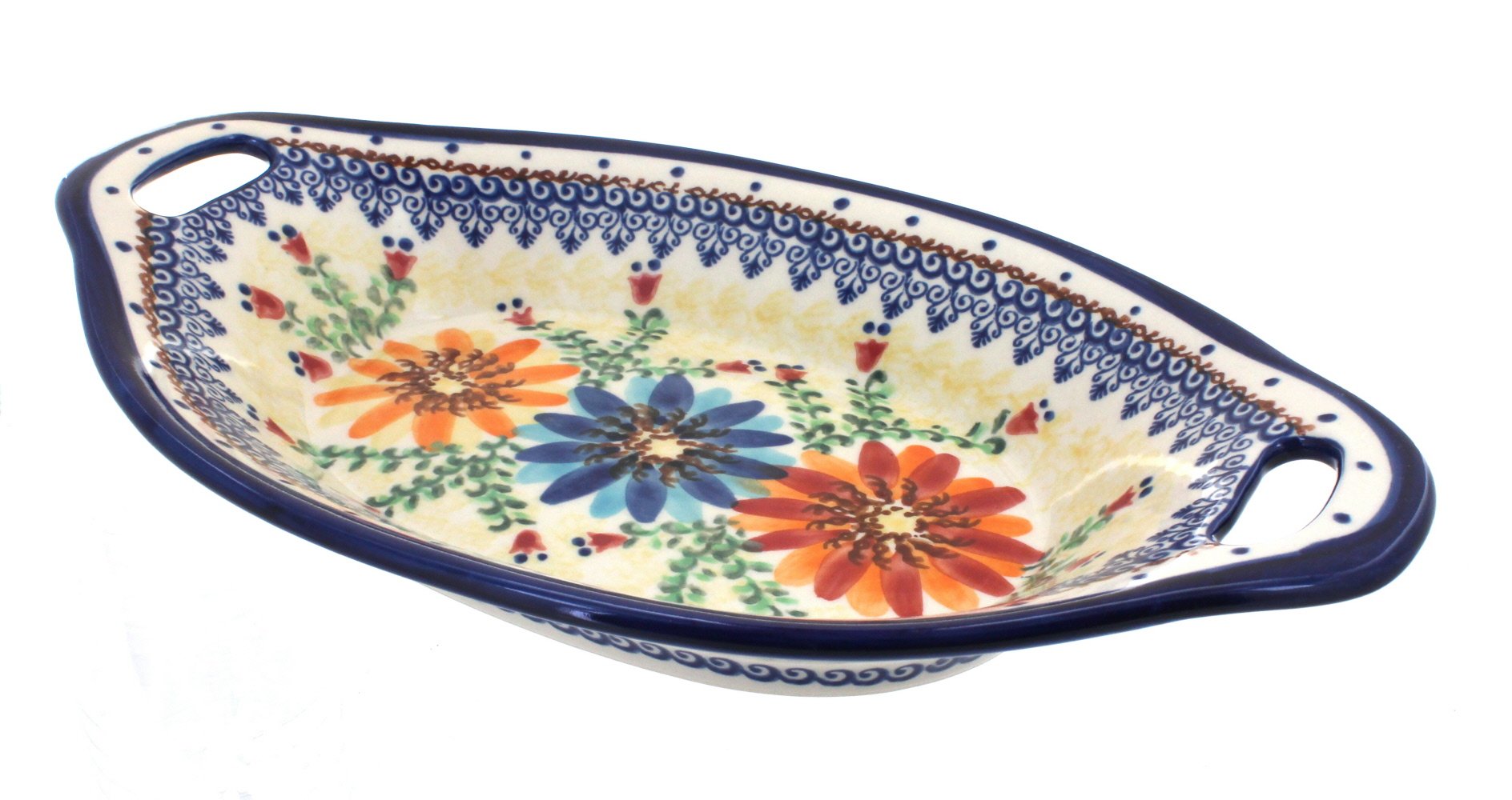 Handmade Blue Rose Polish Pottery Bread Tray with Handles - Autumn Burst Design - Perfect for Serving Bread, Pastries & Charcuterie at Dinner Parties & Holiday Gatherings