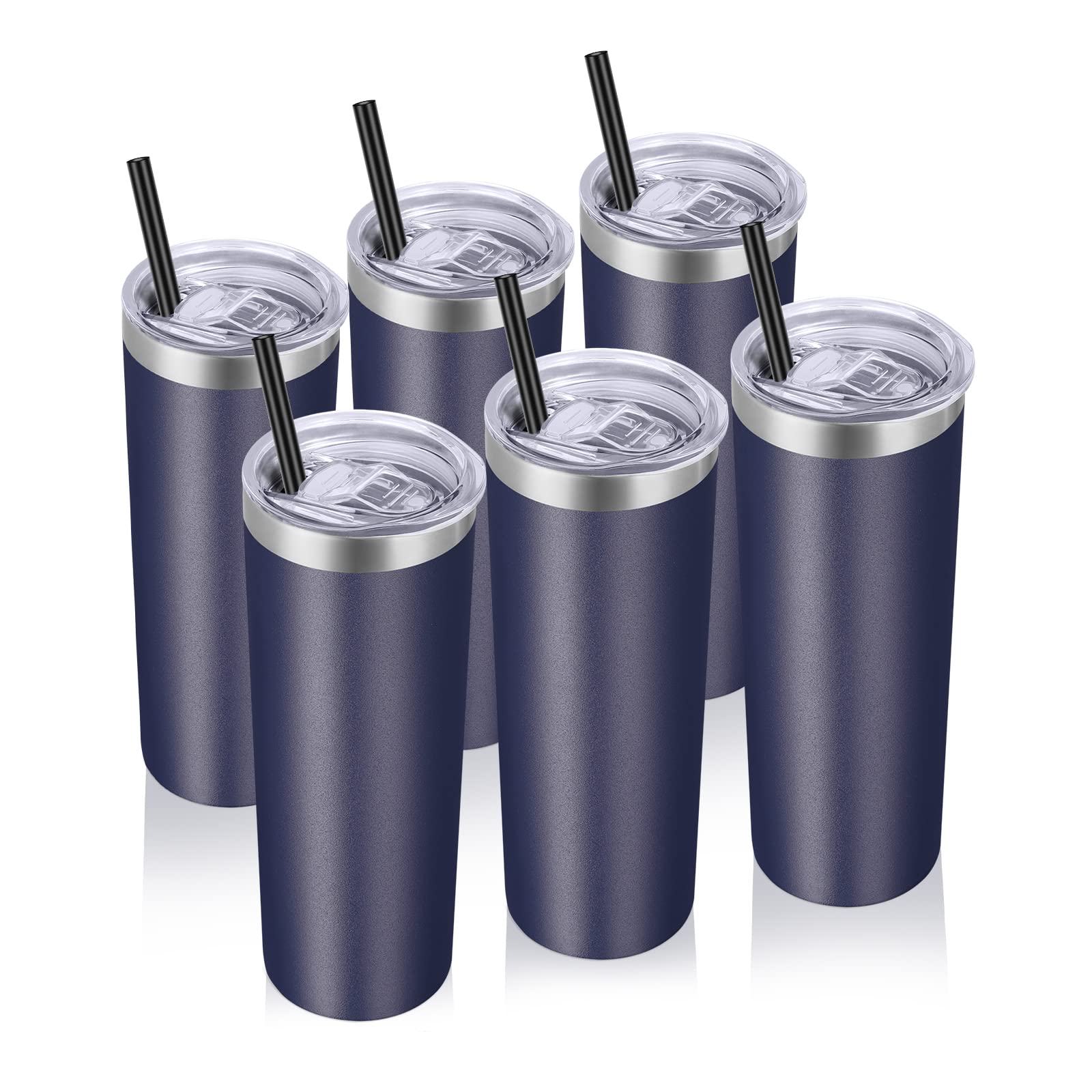 VEGOND 6-Pack 20oz Stainless Steel Vacuum Insulated Skinny Tumblers with Lid & Straw - Double Wall Coffee Mug, Travel Water Bottle, Navy Blue - Perfect for Office, Gym, Hiking and Outdoor Activities