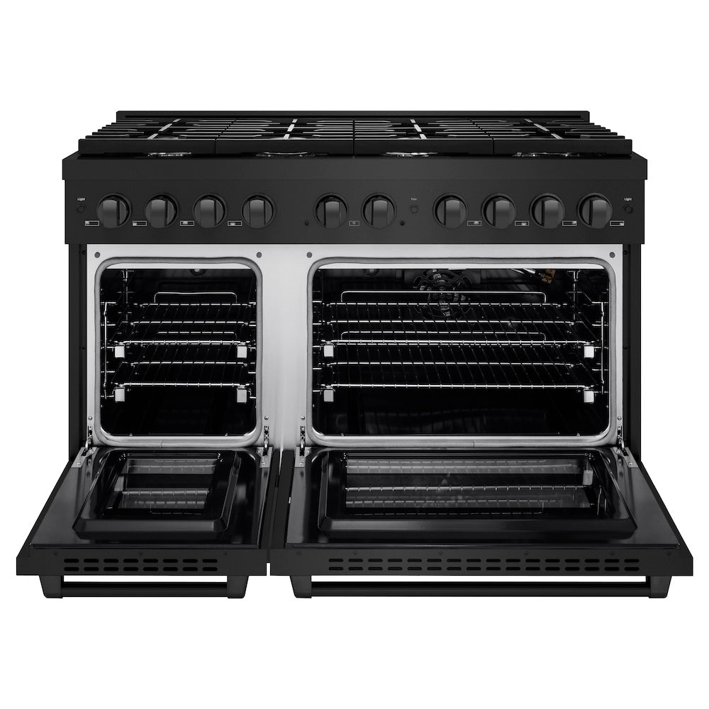 ZLINE 48-Inch 6.7 cu. ft. Black Stainless Steel Double Oven Gas Range with 8 Burner Cooktop - Professional Kitchen Appliance for Home Chefs & Large Family Cooking (SGRB 48)